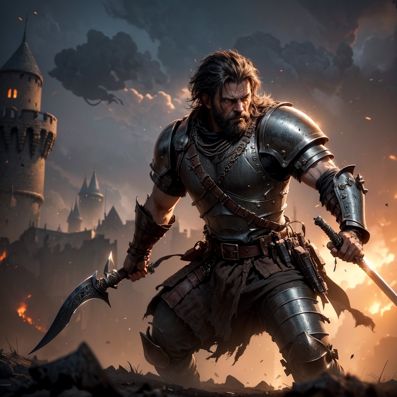 digital painting of a war-torn medieval castle, featuring a grizzled mercenary clad in piecemeal armor from leather to chainmail, wielding a long broad sword. The scene captures the aftermath of a fierce battle, with scorched earth and remnants of conflict. Inspired by Frank Frazetta's dramatic and gritty style, the image is rendered in ultra high definition, emphasizing the mercenary's battle-hardened demeanor and the castle's formidable, yet damaged, structure. Shot in the style of a cinematic film still, using a Canon EOS 5D Mark IV for its exceptional detail capture and depth of field, the artwork showcases intricate armor details, realistic textures, and a moody, atmospheric setting. The composition balances the brutality of war with the resilience of the mercenary, set against the backdrop of a once-majestic, now besieged fortress.