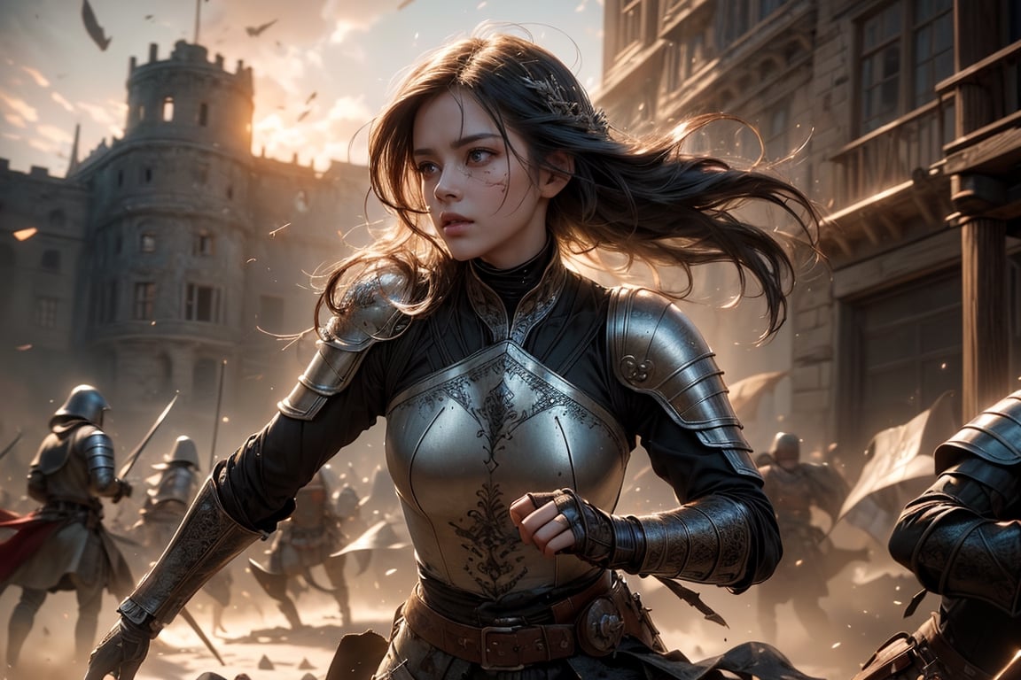 "Beautiful medieval warrior running into battle in front of a ravaged human city, with detailed armor reflecting the intense emotions of war. The background illustrates the remnants of once grand human architecture, partially destroyed and echoing the chaos of battle. The image is a high-resolution, photorealistic depiction, resembling a professional photograph. Art inspirations: by oprisco, rutkowski. Camera shot: dynamic action shot, Lens: 135mm+, View: low angle. Render: HDR, Unreal Engine, Lighting: intense battlefield lighting, Resolution: 8K, Details: hyper detailed (beautiful medieval warrior:1.25), (ravaged human city:1.2), (battlefield lighting:1.3), (Beautiful Detailed Face:1.5)