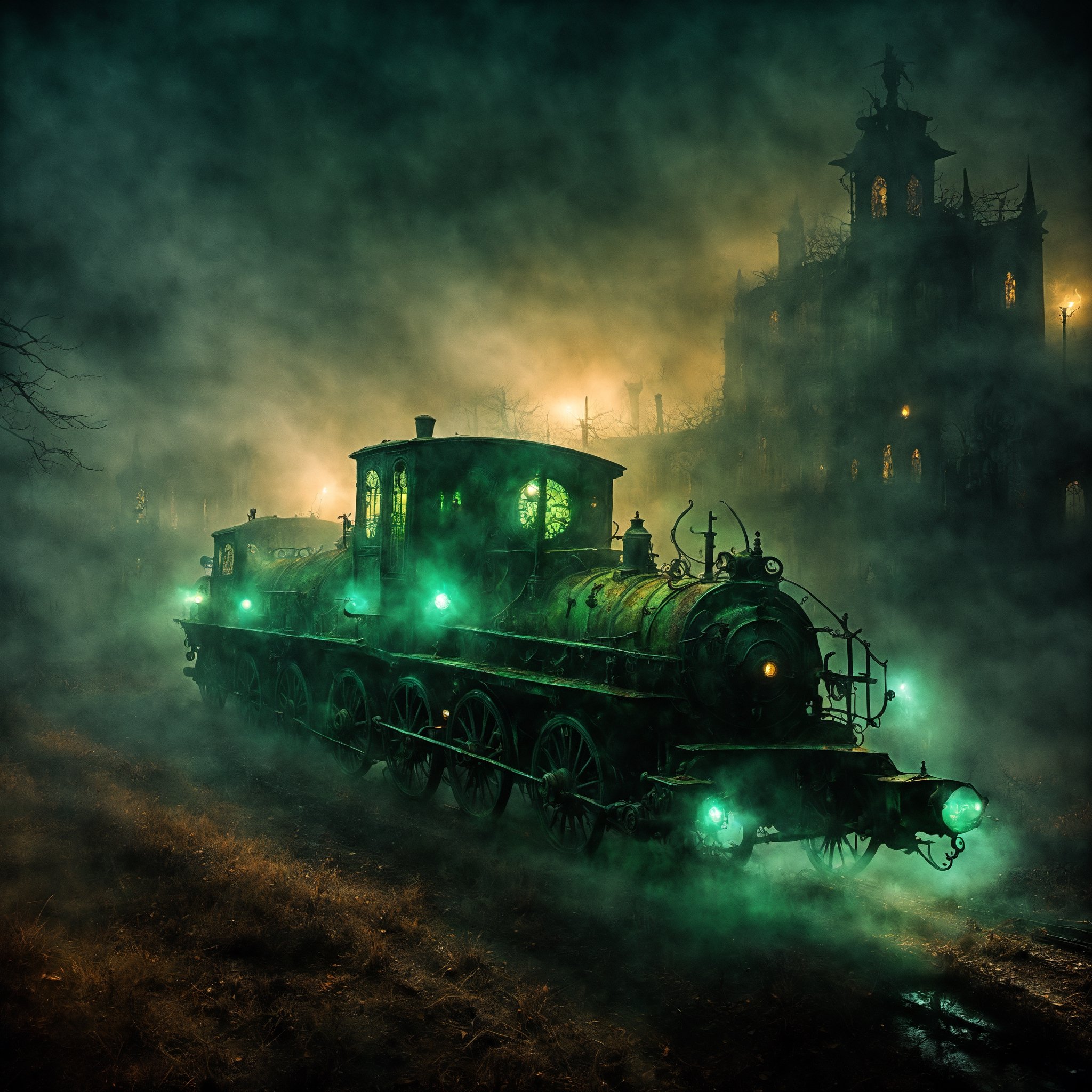 Professional horror concept art, (haunted steam punk ghost train:1.4), rusted and ominous, threading through a desolate, (foggy graveyard at midnight, adorned with ghostly phantasms, spectral figures clinging, eerie green phosphorescence:1.5) haunting spirits swirling around decrepit carriages, H.R. Giger-inspired biomechanical decay, sinister red eyes, (frightening spectral aura:1.3), Guillermo del Toro's macabre and rusted aesthetic, dense mist, chilling, ominous lighting, hyper-detailed, nightmare-inducing, ultra high resolution.