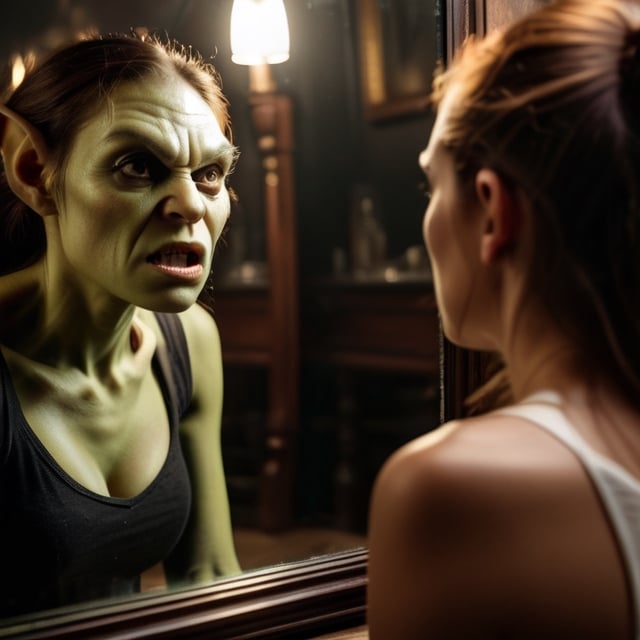 Photorealistic zoomed out image of a pretty woman looking at a mirror that has an (angry female goblin:1.2) trapped inside it. Cinematic realism style, 50mm lens, medium shot, soft ambient light highlighting the contrast between the real and reflected images, (high resolution:1.2),darkart