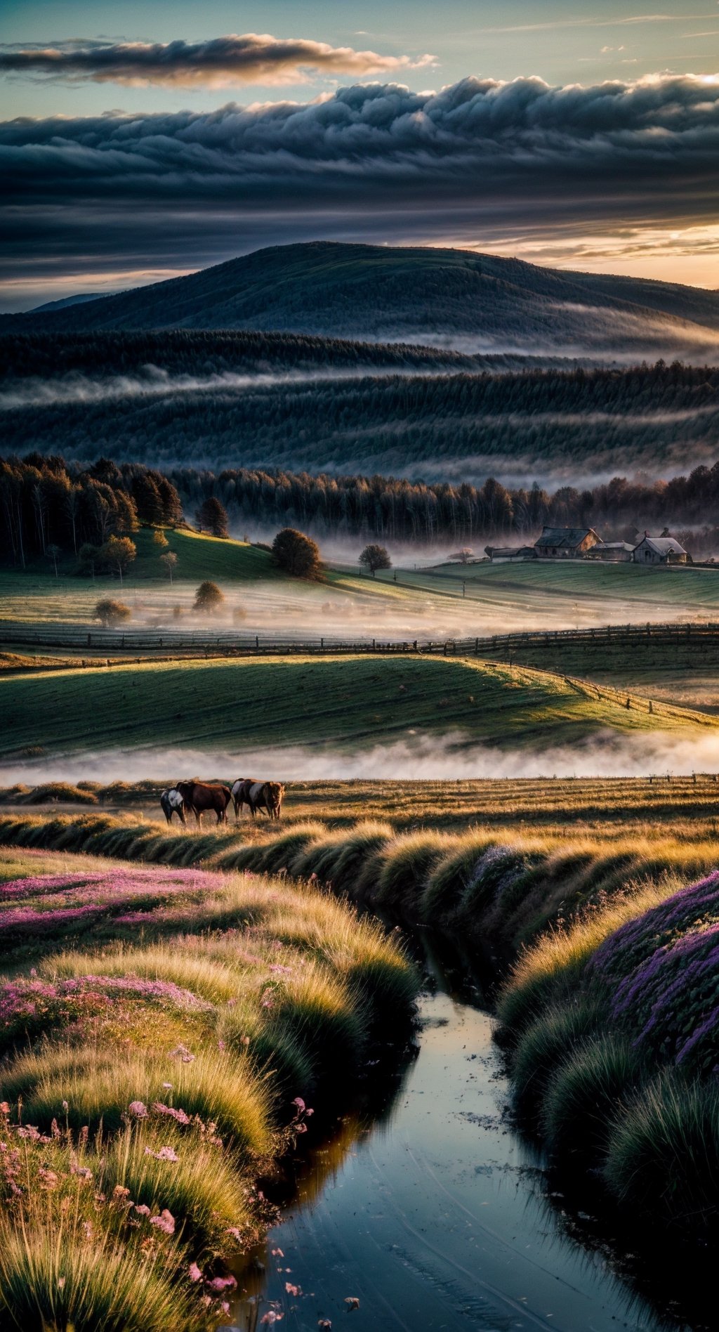 Picture a vast, serene valley enveloped in the soft, golden light of early morning. The sun, just above the horizon, casts a warm glow over the scene. In the foreground, a crystal-clear river meanders gently through the valley, reflecting the sky's pastel hues. Its banks are adorned with lush, vibrant green grass and sporadic clusters of wildflowers in a spectrum of colors, from deep blues and purples to bright yellows and pinks.

In the middle distance, there are rolling hills, covered in a patchwork of wild meadows and small, quaint farms. The farms have charming wooden fences and old-fashioned stone cottages with smoke gently rising from their chimneys. The meadows are dotted with grazing animals - sheep, horses, and a few cows, adding life and movement to the scene.

The background is dominated by majestic mountains, their peaks capped with glistening snow, contrasting with the dark, rugged rocks below. The mountains are partially shrouded in a light mist, adding a sense of mystery and depth to the scene.

Above, the sky is a breathtaking canvas of colors - soft blues, pinks, and oranges, with a few wispy clouds lazily drifting by.

The overall feeling is one of peace, tranquility, and the awe-inspiring beauty of nature, captured in a wide-angle, high-resolution photographic style. The camera settings should focus on a deep depth of field to ensure every detail of this picturesque landscape is crisply captured.