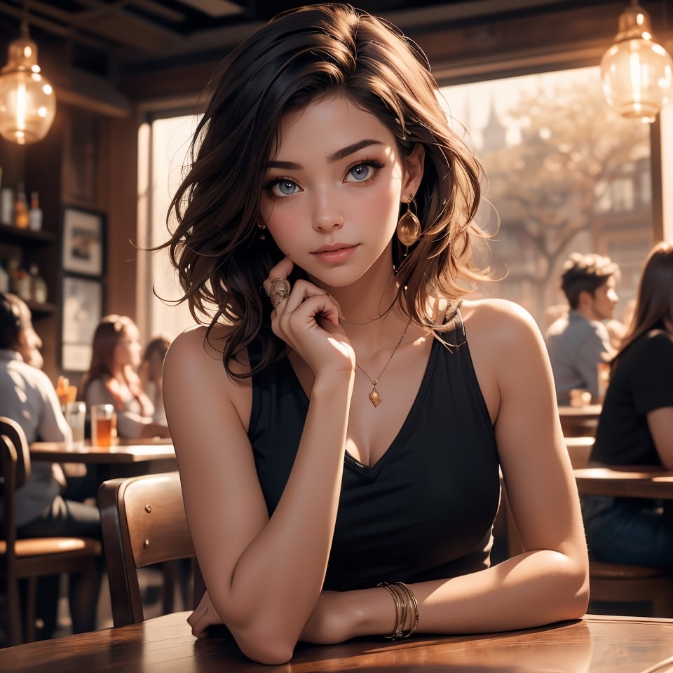 masterpiece, masterwork, In a cinematic and ultra-realistic 16K resolution scene, (beautiful emo teen in a tank top) sitting at a table in a restaurant, table has food, looking at the camera with her head tilted, 45 degree angle to the camera, She has short wavy red hair, hazel eyes, and long eyelashes, Her expression is a shy smile with closed mouth. The lighting is a blend of cinematic, ambient, and sidelight, highlighting her exquisite details and textures. The color palette is warm and intense, yet balanced, avoiding overly saturated hues. The composition adheres to the golden ratio, creating a visually pleasing aesthetic. inspired by renowned artists like Artgerm, H.R. Giger, and Beksinski, blending their unique styles into an intricate and epic masterpiece. The artwork is designed to trend on platforms like CGSociety and ArtStation,(masterpiece),kobeyarestaurant,KRU,tavern scenes