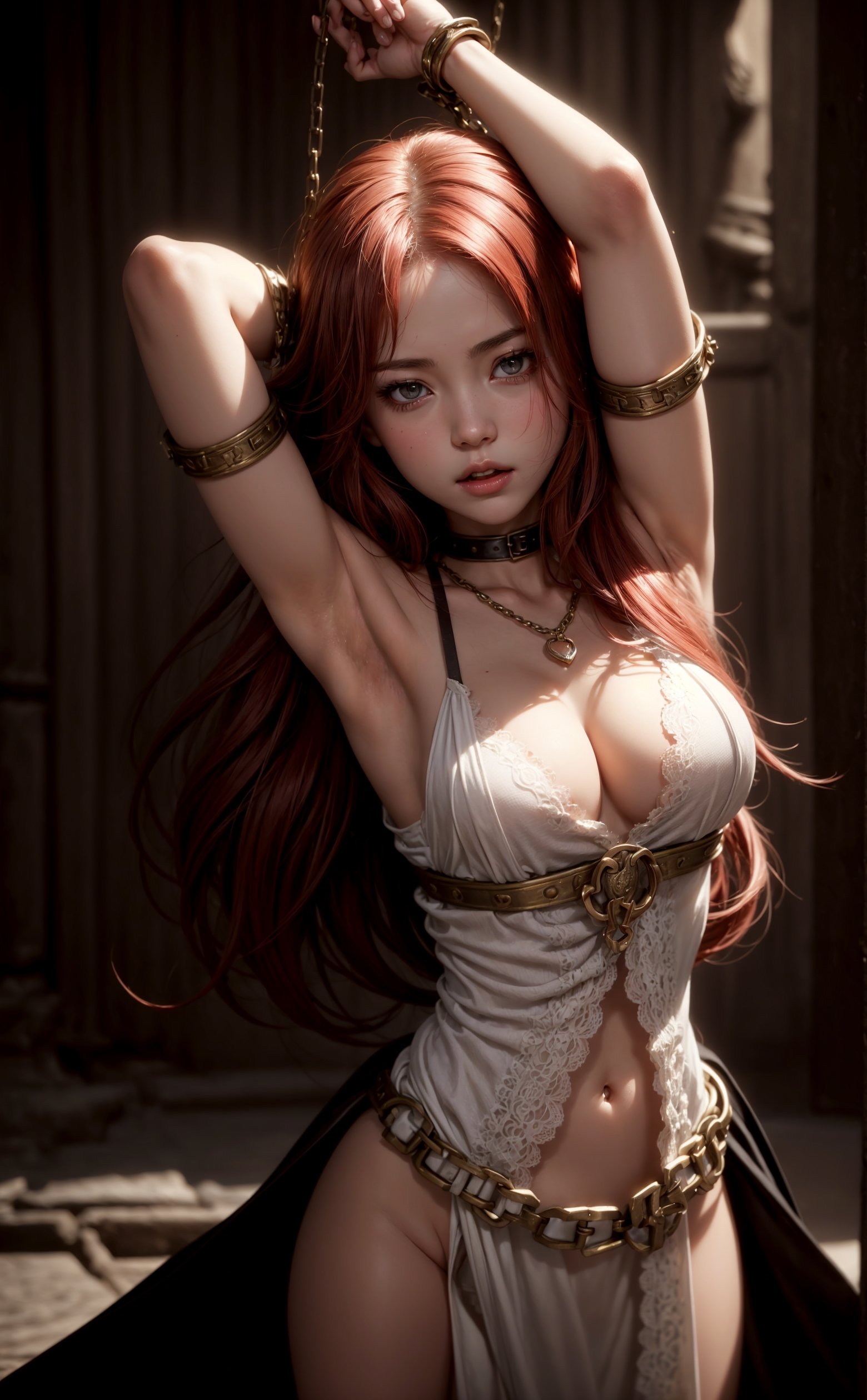 A captivating fantasy portrait of a (girl-arms-shackled:1.5) in an ancient fantasy prison. Detailed well lit background. She has an hourglass figure, thin waist, and wide hips, and is wearing a simple, ancient, medieval-styled white robe with exquisite lace detailing. Her expression is seductive. Her medium red hair is unkept, and she has innocent, shy facial features with a slightly open mouth. Her head bowed in frustration, upper body exposed. The theme is Rococo Punk with elements of seduction and innocence. The ambiance is dark and intense, with a cinematic wide shot angle emphasizing contours and depth. The composition follows the Siena natural ratio, creating a balanced and harmonious scene