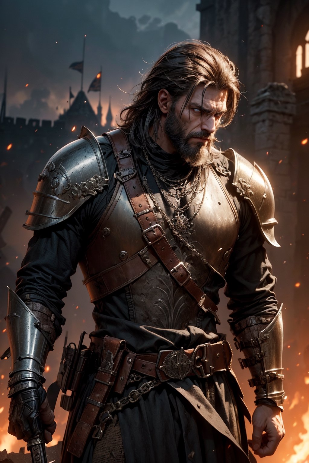 digital painting of a war-torn medieval castle, featuring a grizzled mercenary clad in piecemeal armor from leather to chainmail, wielding a 2 handed sword. The scene captures the aftermath of a fierce battle, with scorched earth and remnants of conflict. Inspired by Frank Frazetta's dramatic and gritty style, the image is rendered in ultra high definition, emphasizing the mercenary's battle-hardened demeanor and the castle's formidable, yet damaged, structure. Shot in the style of a cinematic film still, using a Canon EOS 5D Mark IV for its exceptional detail capture and depth of field, the artwork showcases intricate armor details, realistic textures, and a moody, atmospheric setting. The composition balances the brutality of war with the resilience of the mercenary, set against the backdrop of a once-majestic, now besieged fortress.