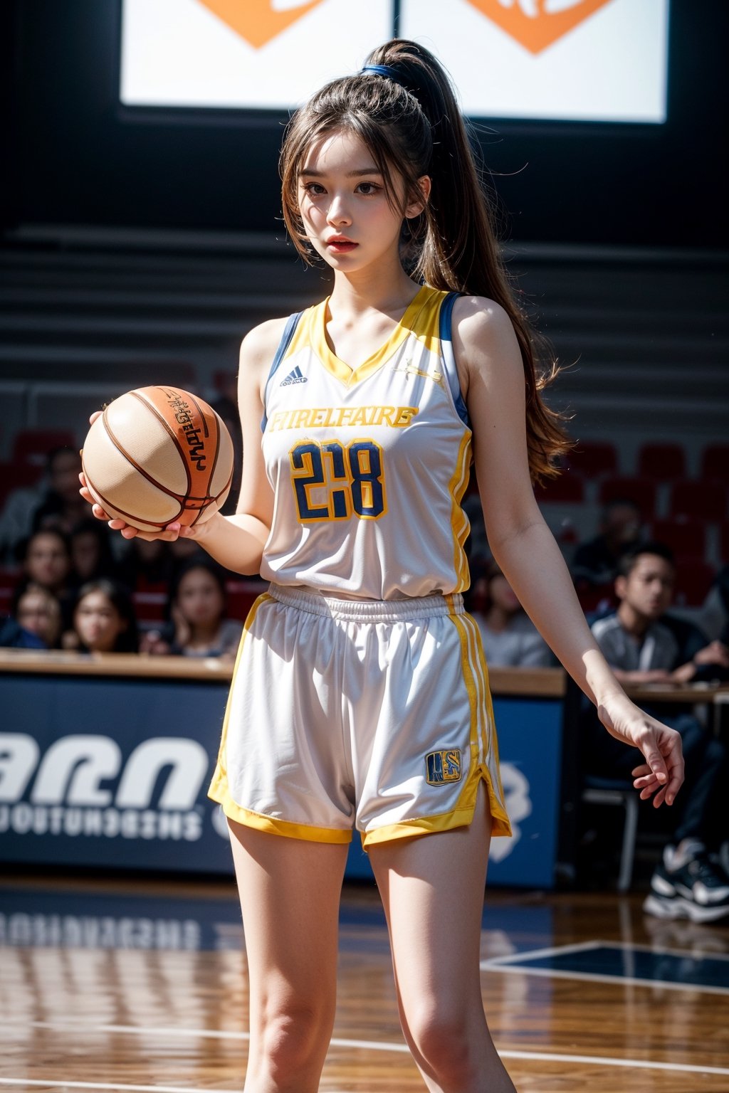 ((masterpiece)), (best quality:1.4), detailed image, intricately detailed, 64k, 1girl, best long brown hair, high ponytail, standing on basketball court, sportswear, basketball uniform, team logo, sneakers, player number, stadium, spectators, stands, audience, girl holding a basketball, indoors, big_boobs, low cleavage, hourglass_figure,  (very closeup image), wnba, standing