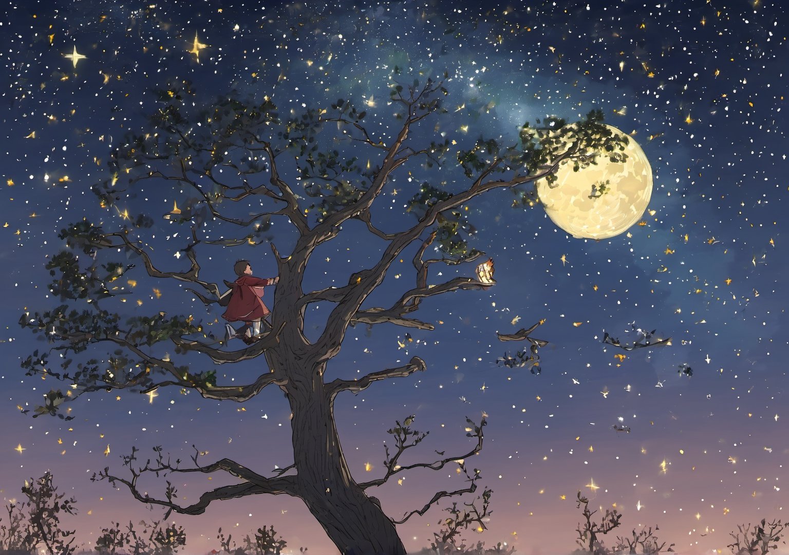 starry sky,chasing ,in tree,male child,stargazy pie