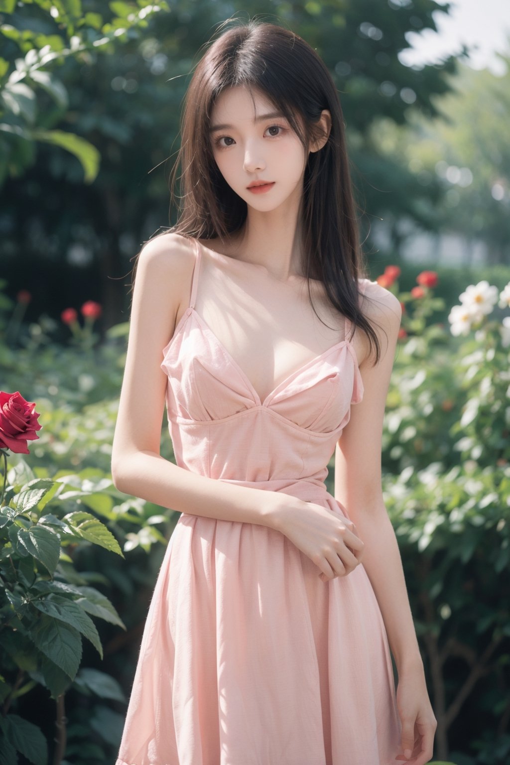 a girl, beautiful, youthful,((1m75 tall)), looking at the camera, slim,((small waist:1.2)), rose garden, pink dress,((Big breasts:1.3))