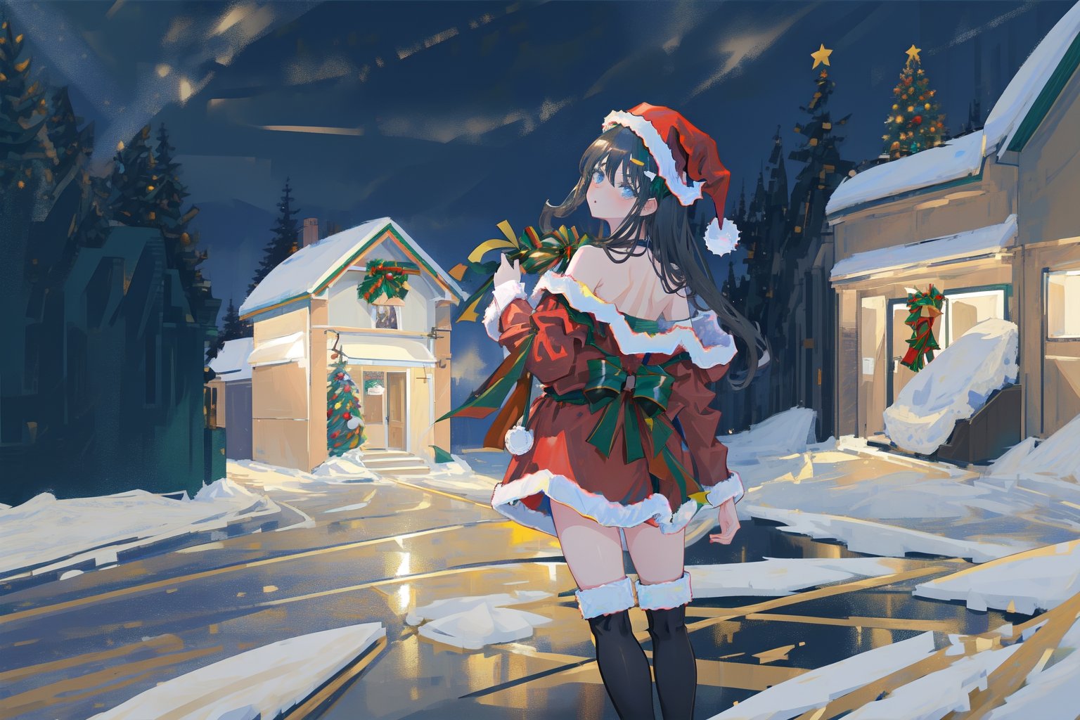 (masterpiece,best quality),finely detail, solo, colorful, pixiv, ,blue archive, detailed eyes, floating_hair,1girl, 1girl, female_solo, perspective, upside-down, ultrawide shot, (looking back), ((xmas))