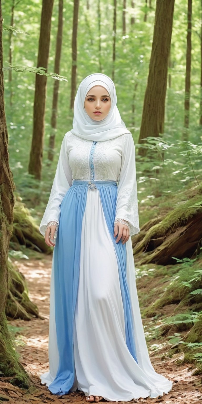 1girl, (white long hijab covered), (largr body), white moslem dress and long blue skirt standing in a forest, enjoyable, (fat body), photorealistic, masterpiece, detailed face, detailed eye, detailed foot, detailed hand, (fullbody picture), 30 year old, ultra high quality, hdr, (sexy pose)