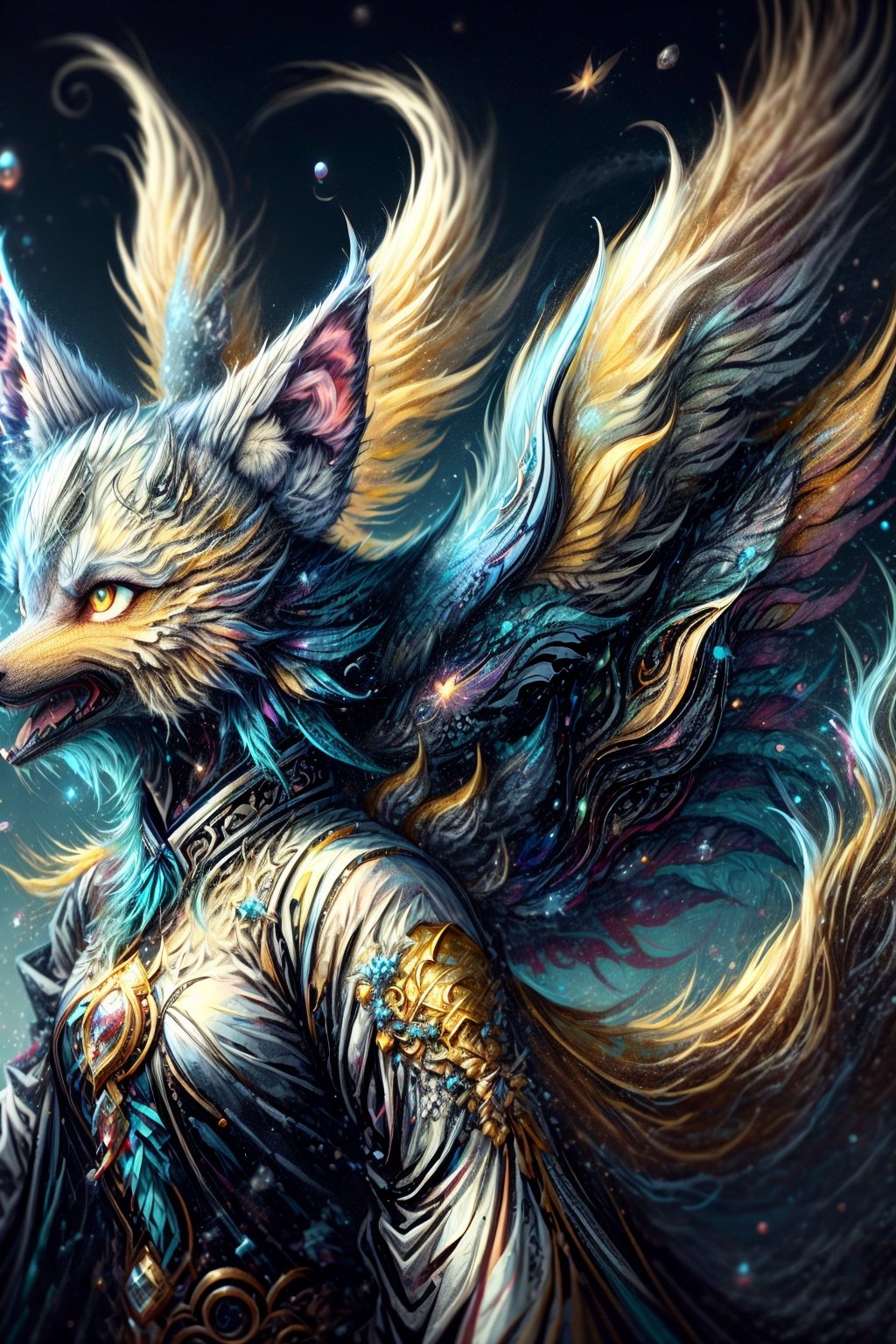 fox_tail,black-hair,5_figners,yellow_eyes,fox_girl,fox_ears,horns,halo,Ahri,midjourney,upper_body,More Detail,league_of_legends_ahri,(((multiple tails, ninetales))) ,more detail XL,black hair,fantasy00d,DonMF41ryW1ng5