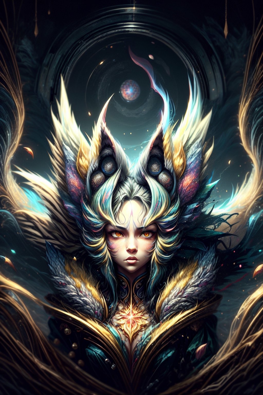 fox_tail,black-hair,5_figners,yellow_eyes,fox_girl,fox_ears,horns,halo,Ahri,midjourney,upper_body,More Detail,league_of_legends_ahri,(((multiple tails, ninetales))) ,more detail XL,black hair,fantasy00d,DonMF41ryW1ng5