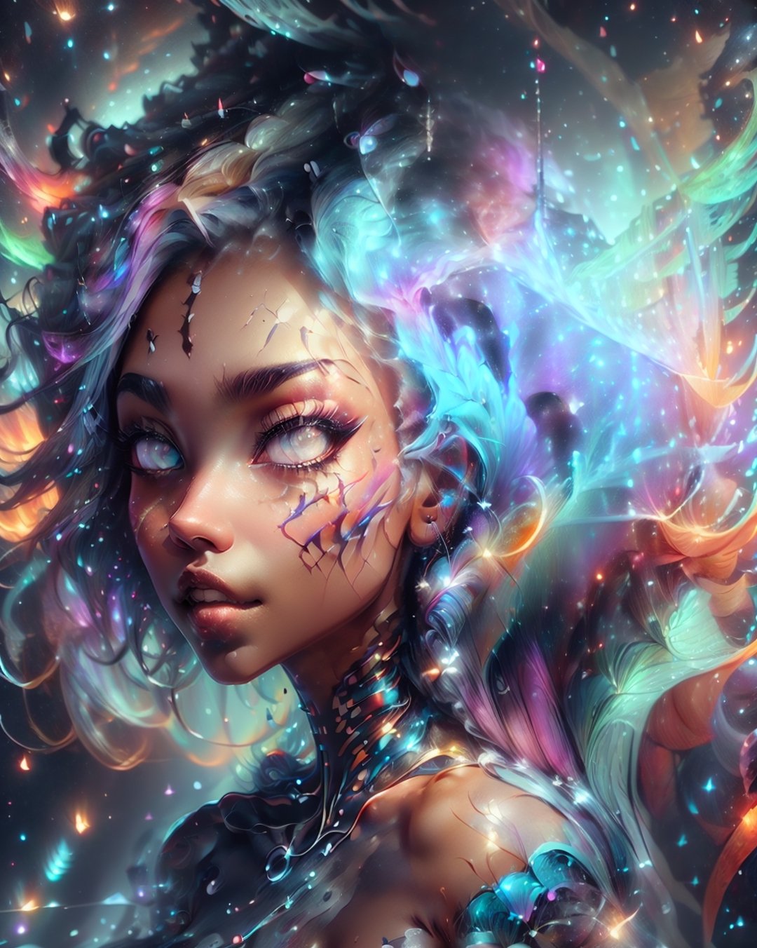 1 girl, full body, symmetrical face, perfect brown eyes, smoke, sparks, (female hair made of fine multicolored neon curls:1.5), (long thin hair made of multicolored neon strands flowing down the body), smoky skin, mixture of hip-hop style and realism, ultra high resolution, 8k, HDr, art, high detail, , art,DonMF41ryW1ng5