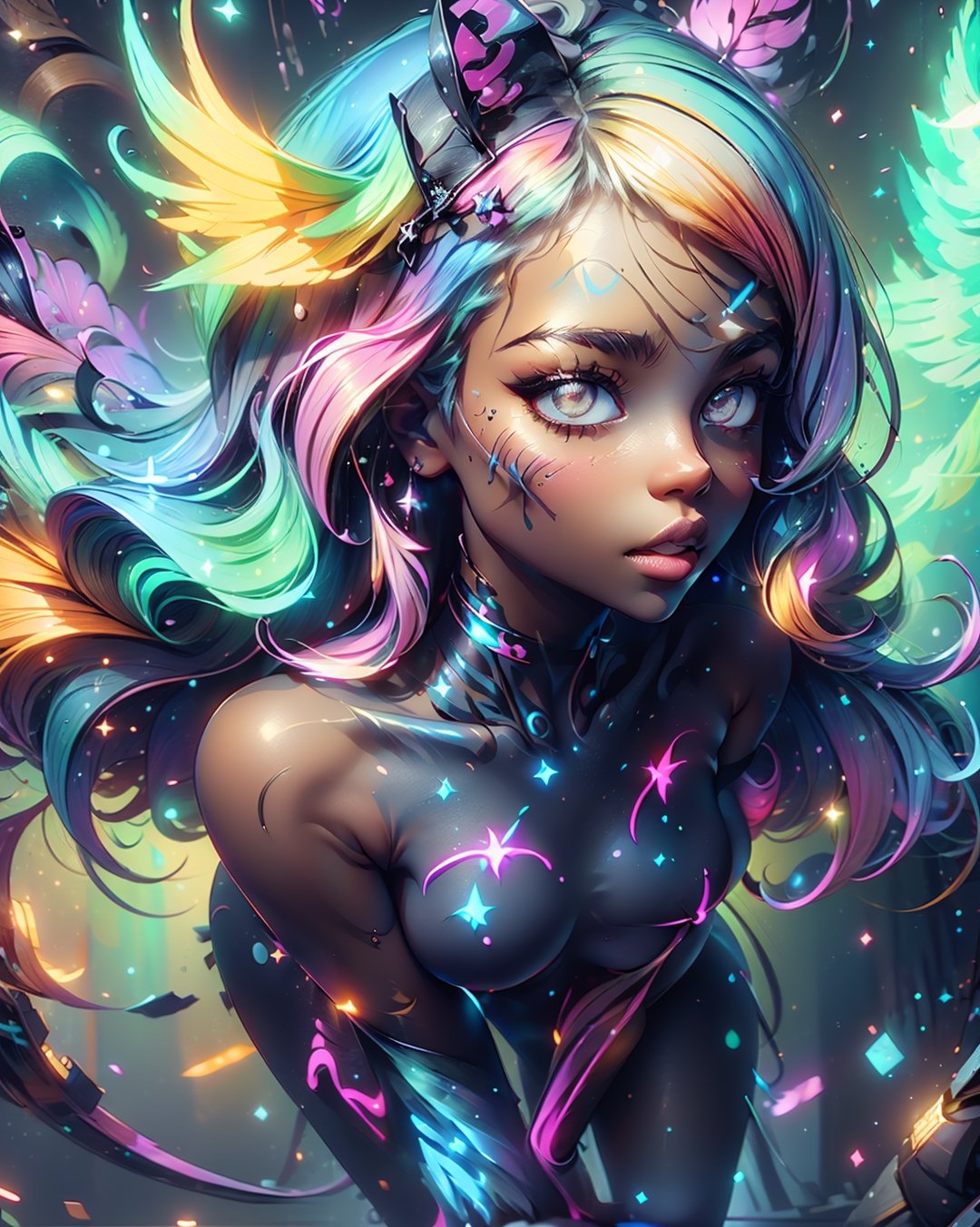 1 girl, full body, symmetrical face, perfect brown eyes, smoke, sparks, (female hair made of fine multicolored neon curls:1.5), (long thin hair made of multicolored neon strands flowing down the body), smoky skin, mixture of hip-hop style and realism, ultra high resolution, 8k, HDr, art, high detail, , art,DonMF41ryW1ng5