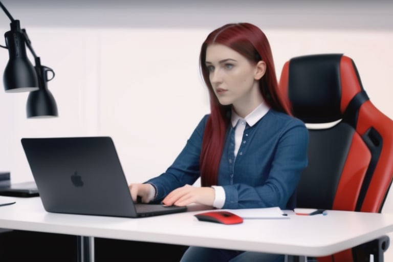A Young beautiful woman character sitting and speaking on a chair behind a table with his laptop on the table in his studio. He is wearing a light red , black hair, confident . There are some gadgets lying around in and around his desk. He is facing the camera at the front .Ultra HD, detailed face, high quality, photorealism, 4k 