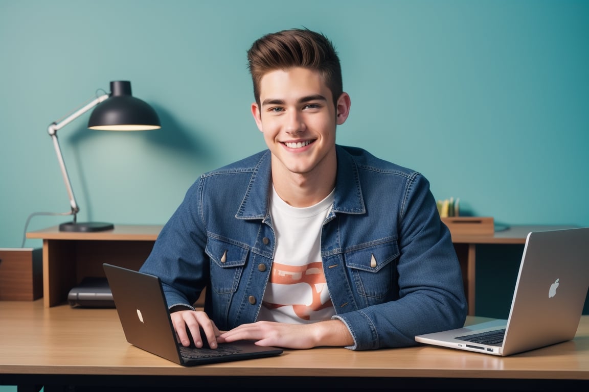 A young 22 year old handsome man smiling name Chris wearing a jean jacket and t-shirt, sitting in a desk facing into camera,straight body and face, modern background with cool lighting, laptop on the desk with other gadgets lying around there, high details 4k 