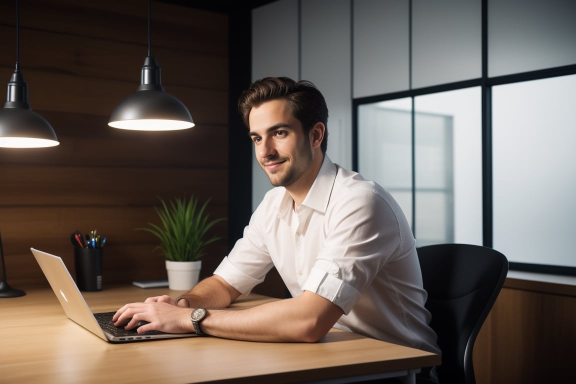 A young In the spacious, dimly lit studio, a male character in his mid twenties sits behind a sleek, modern black desk. The room exudes an air of creativity, with minimalist decor and subtle blue lighting framing the back wall behind him. The man, dressed in a crisp white shirt with rolled-up sleeves and dark trousers, leans slightly forward, his posture reflecting a mix of determination and contemplation. His intense gaze pierces the camera, hinting at a depth of character and unwavering focus on the task at hand. Around him, various models tools are present , and a digital tablet—clutter the desk, showcasing his dedication to his craft. The ambiance of the studio suggests both a serene concentration and an undercurrent of untapped creative energy waiting to be unleashed. table in front, laptop on table, little smile on face, high details 4k 