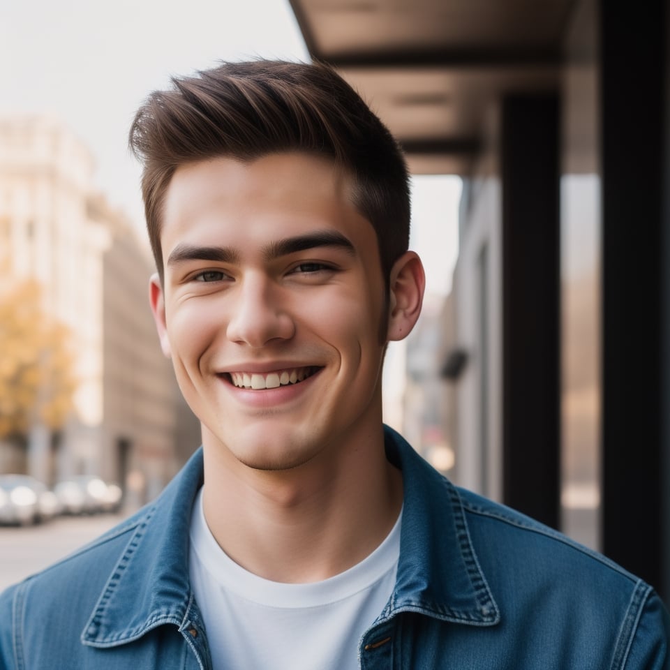 A young 22 year old handsome man smiling name Chris wearing a jean jacket and t-shirt,, facing into camera,straight  face, modern background with cool lighting, , high details 4k, portrait, selfie 