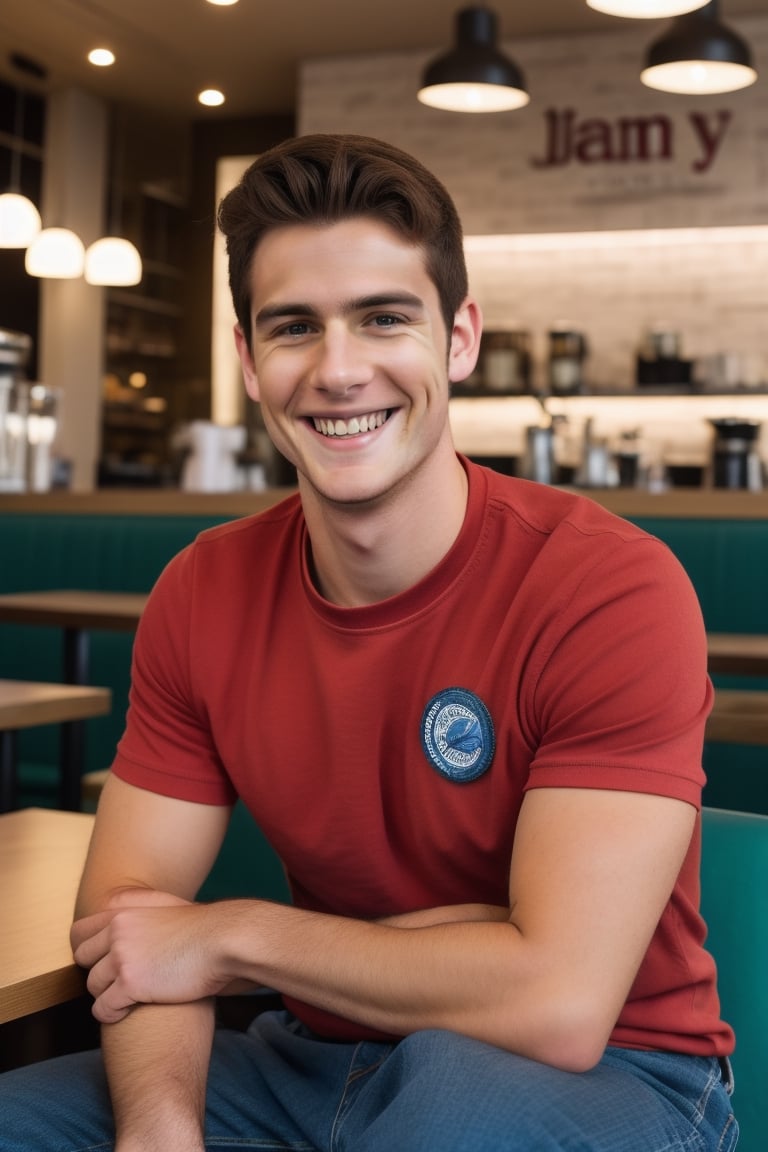 A young 22 year old handsome man smiling name Chris wearing a jean jacket and red t-shirt, sitting in the coffee shop at night , high details 4k 