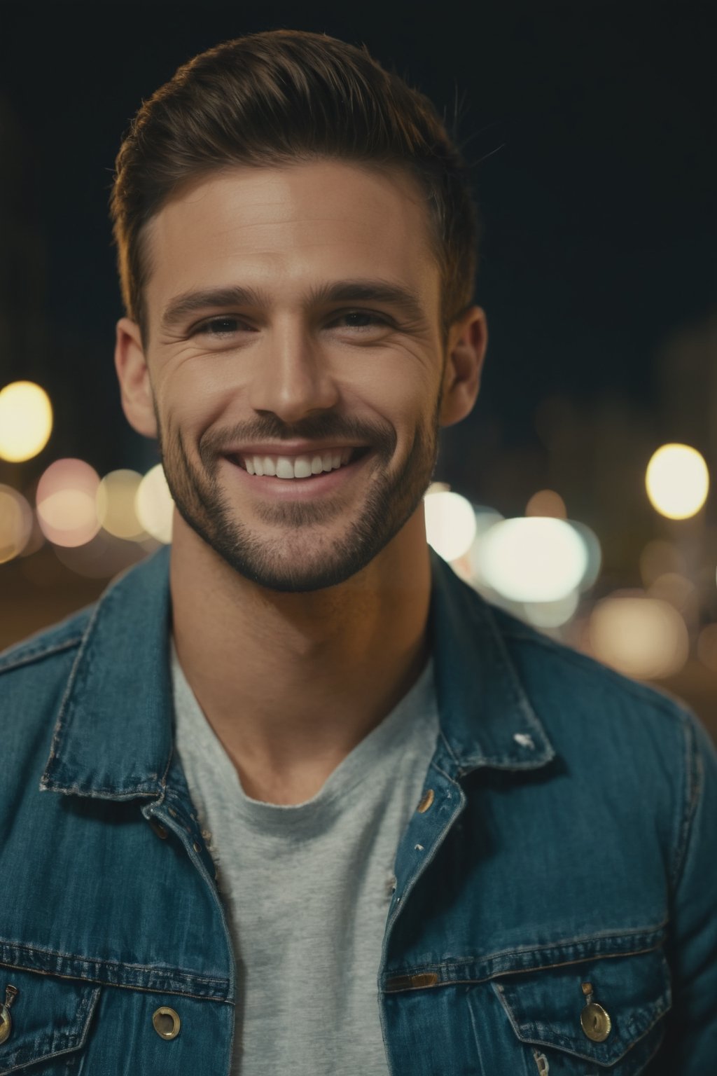 Close up photo of a smiling handsome man Name Chris ] wearing a jean jacket and t-shirt in the city at night, high details 4K