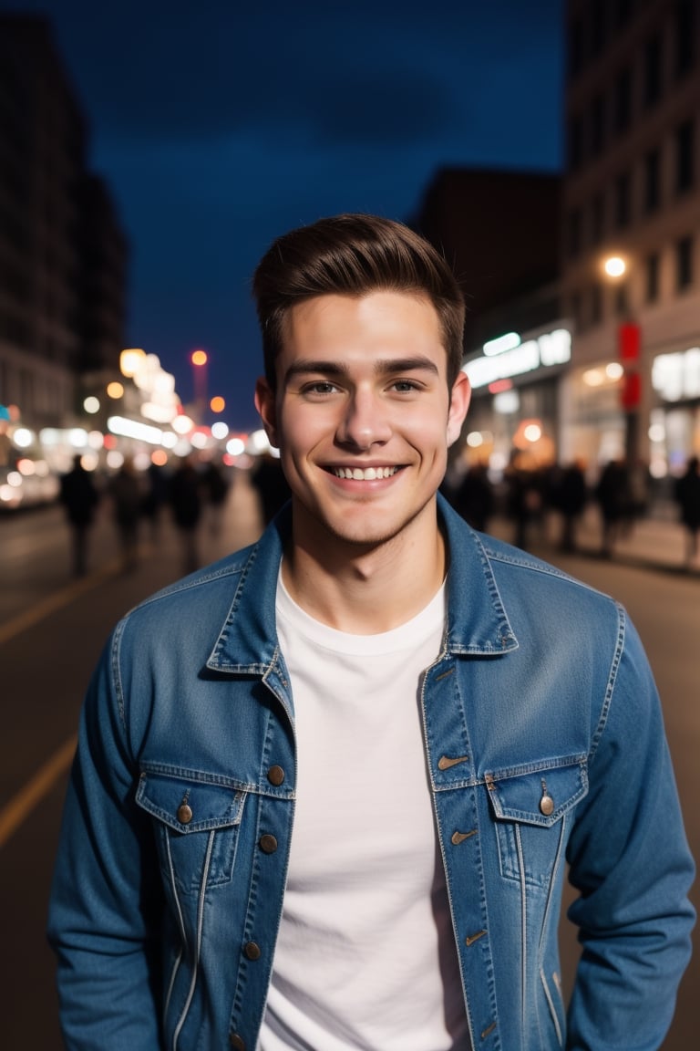 A young 22 year old handsome man smiling name Chris wearing a jean jacket and t-shirt in the city at night high details 4k 