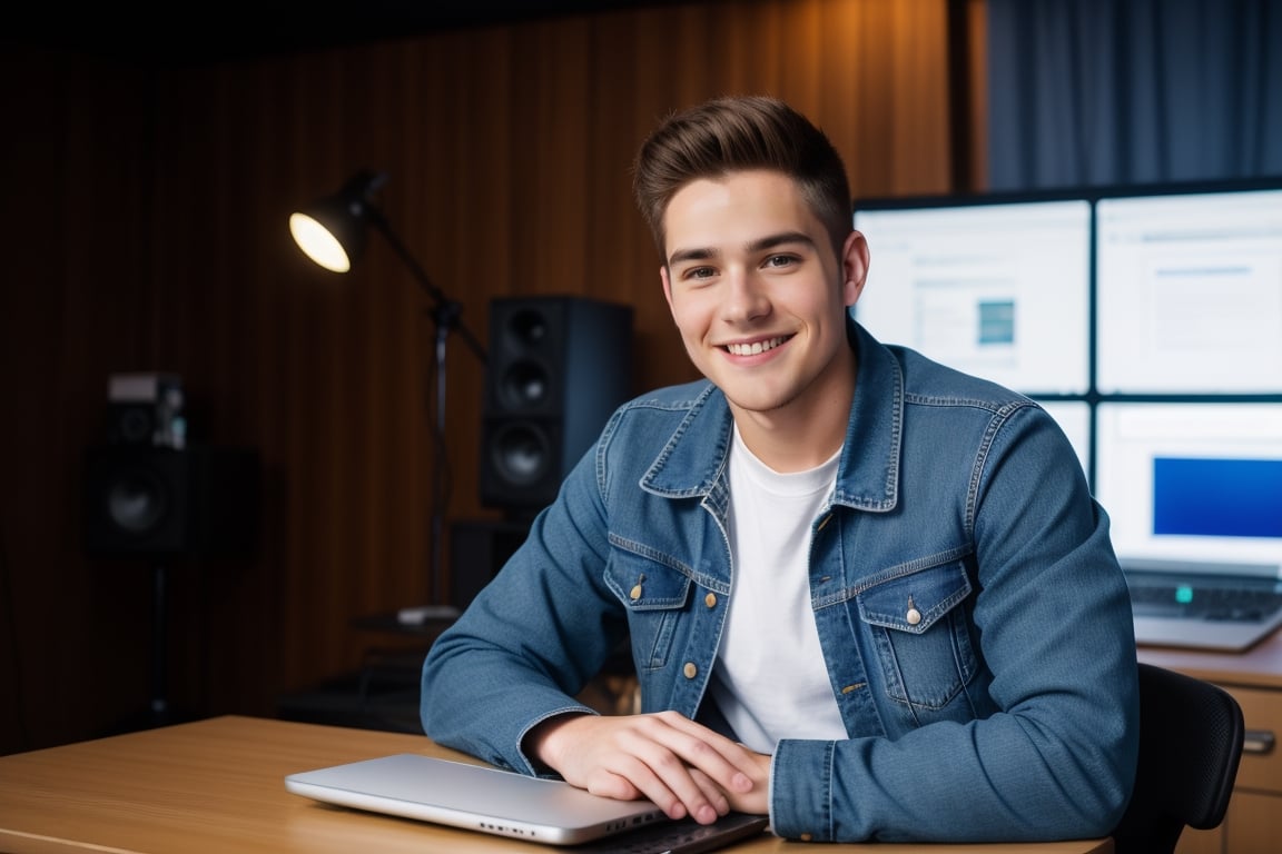 A young man,  wearing a jean jacket and t-shirt , sitting in a studio room, looking in the camera, computer desk, microphone, light at back, table in front, laptop on table, little smile on face, high details 4k 