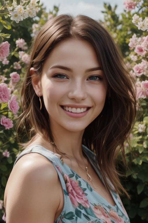 A girl with beautiful detailed blonde hair, vibrant blue eyes, and rosy cheeks. She is wearing a floral dress and has a big smile on her face. The background is a sunny garden filled with colorful flowers and lush green trees. The portrait is painted in a realistic style, capturing every intricate detail of the girl's features and the surrounding nature. The lighting is soft and natural, creating a warm and inviting atmosphere. The image quality is of the highest standard, with ultra-detailed brushwork and vivid colors. The overall tone of the artwork is cheerful and bright, reflecting the excitement and joy of the young girl.photorealism, 4k ar--16:9,photorealistic,lora_claire,irish