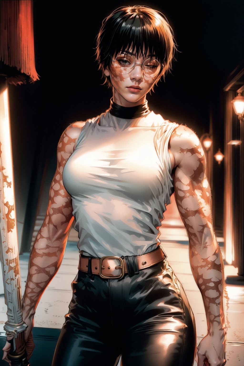 ultra realistic 8k cg, masterpiece, ((ultra detailed background, delicate pattern, intricate detail)), (highly detailed, fine details), best quality, 1girl, (photorealistic:1.4),beautiful lighting,  absurdres, RAW photo, film grain, ((medium breasts, slim girl)), MakiZenin, 1girl, solo, short hair, black hair, (scar, scar on face, burn scar, muscular female), sleeveless, pants, black pants, shirt, holding, weapon, belt, sword, glasses, turtleneck, one closed eye, (complex detailed background, outside, urban environment, cowboy shot), ,  ,   ,MakiZenin