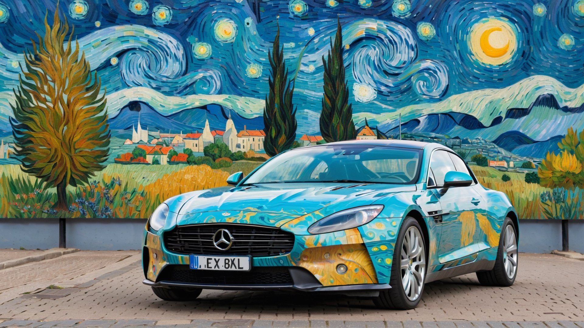A Mersedes inspired by Matrix, parked in city area background, perspective view, symmetrical, (car painted in style of Vincent van Gogh):1,more detail XL