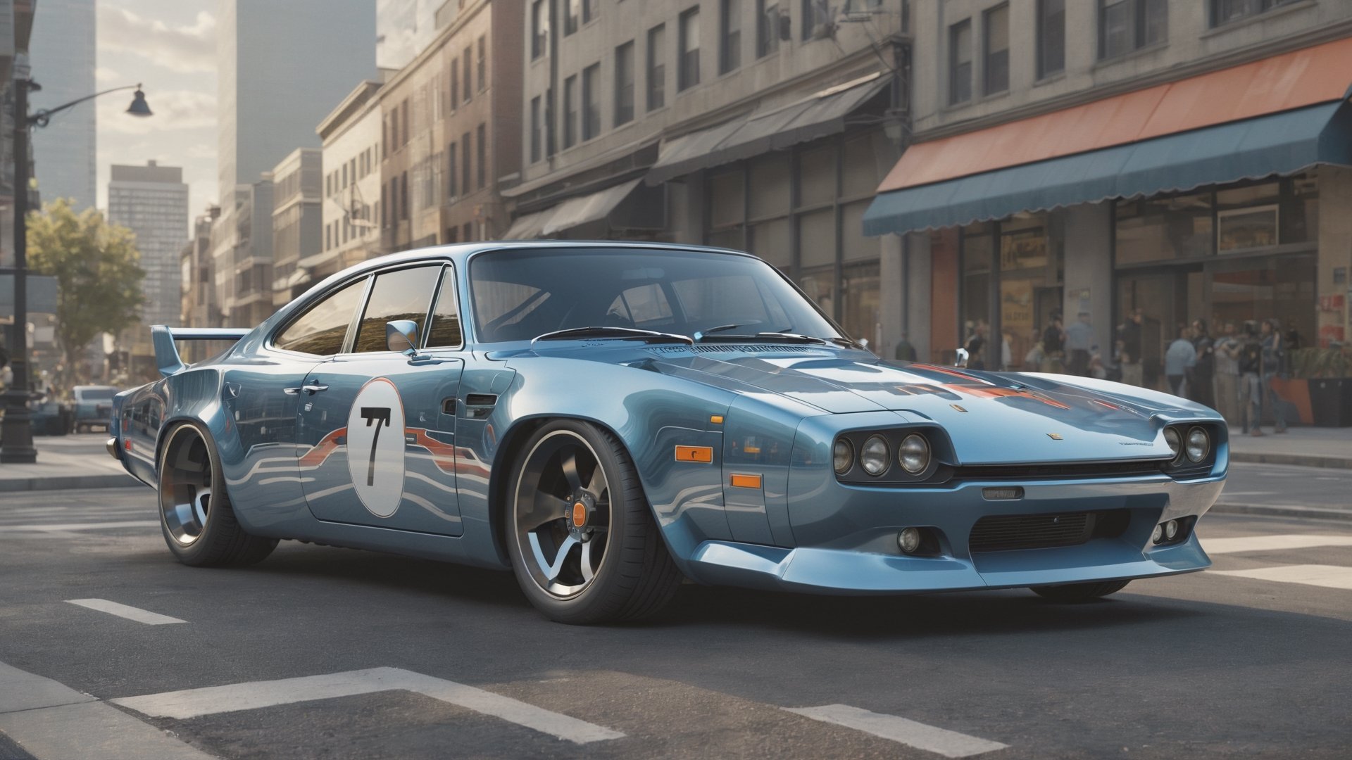 A futuristic hi-tech Porsche inspired by Dodge Charger 1970, parked in city area background, perspective view, symmetrical, anime livery on car, more detail XL, photorealistic