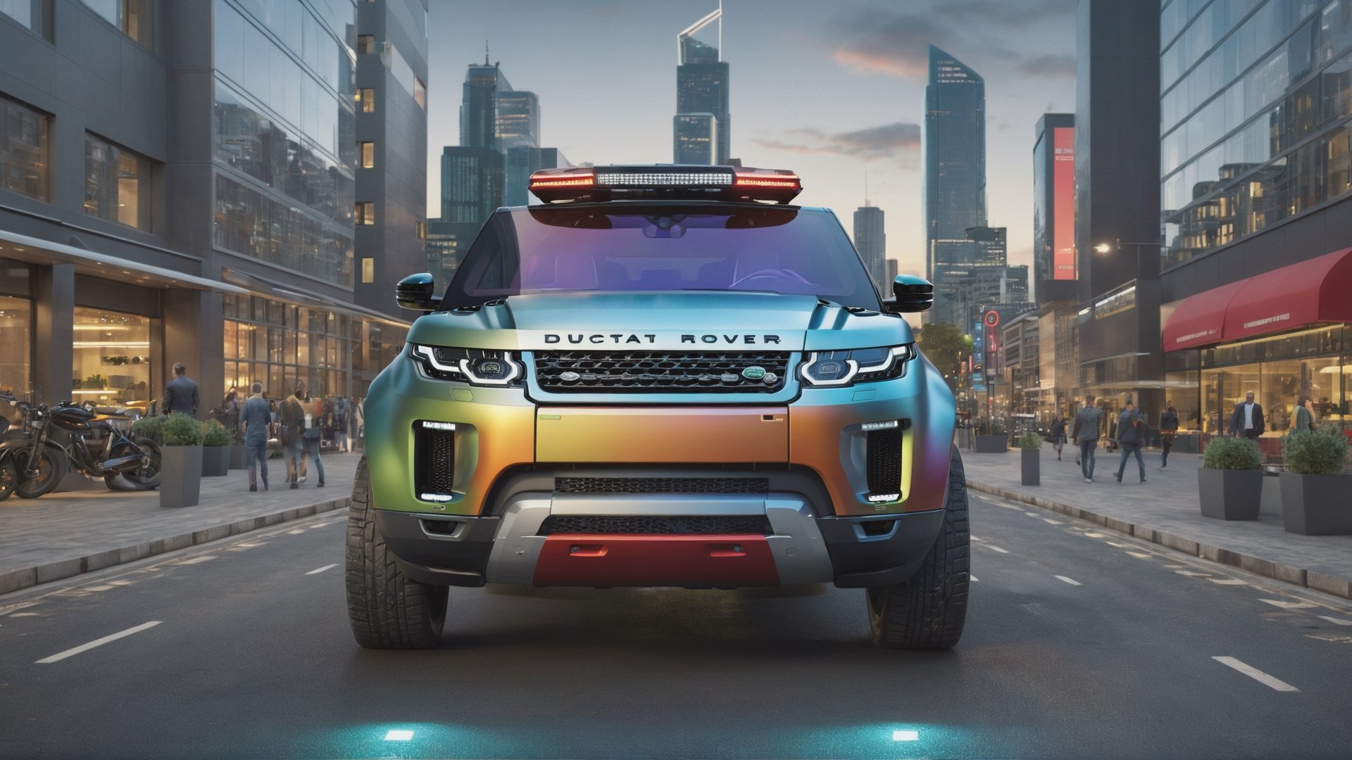 A futuristic hi-tech Land Rover inspired by Ducatti, parked in city area background, perspective view, symmetrical, multi-coloured, more detail XL, photorealistic