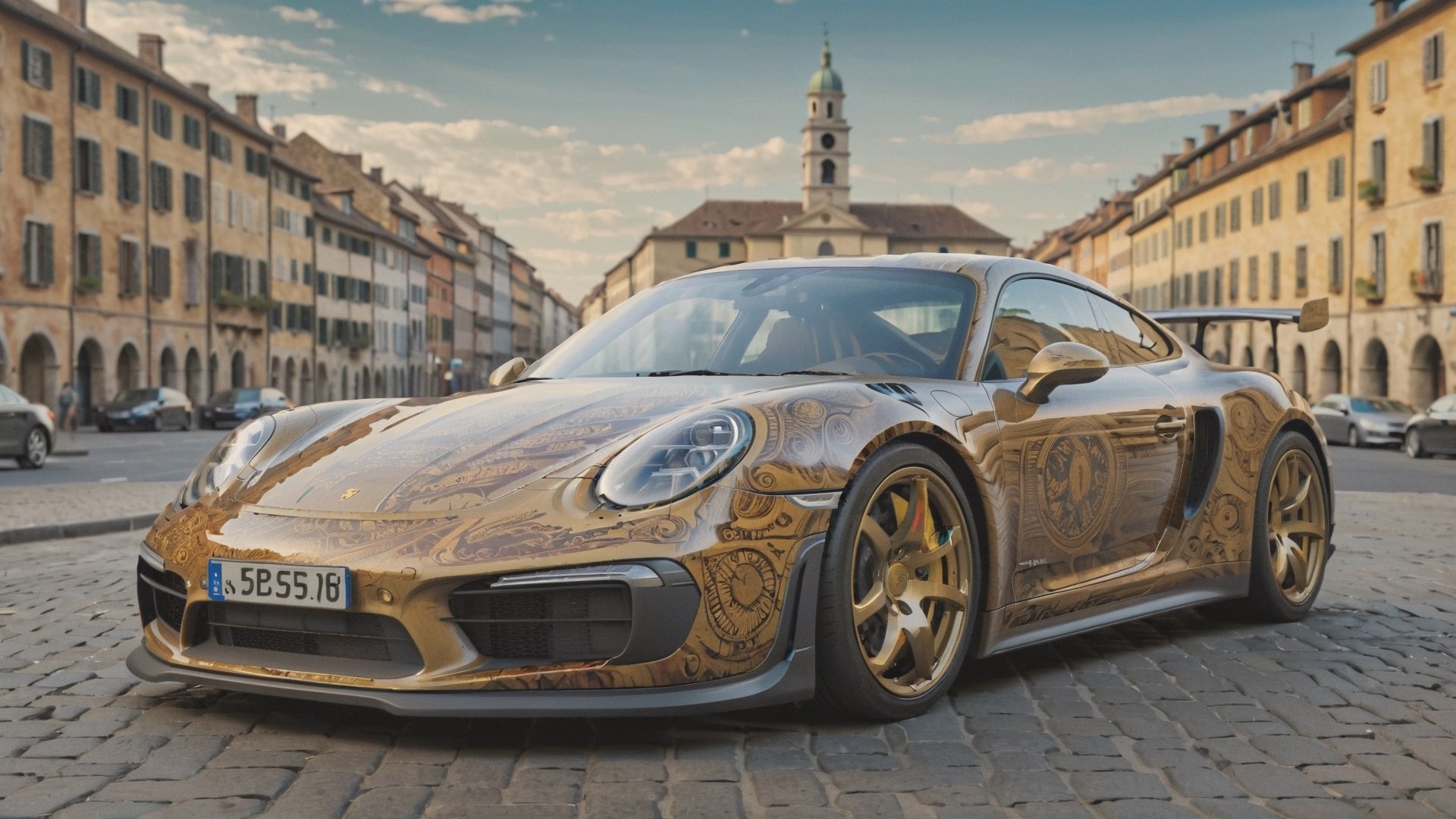 A Mersedes inspired by Porsche, parked in city area background, perspective view, symmetrical, (car painted in style of Leonardo da Vinci):1,more detail XL