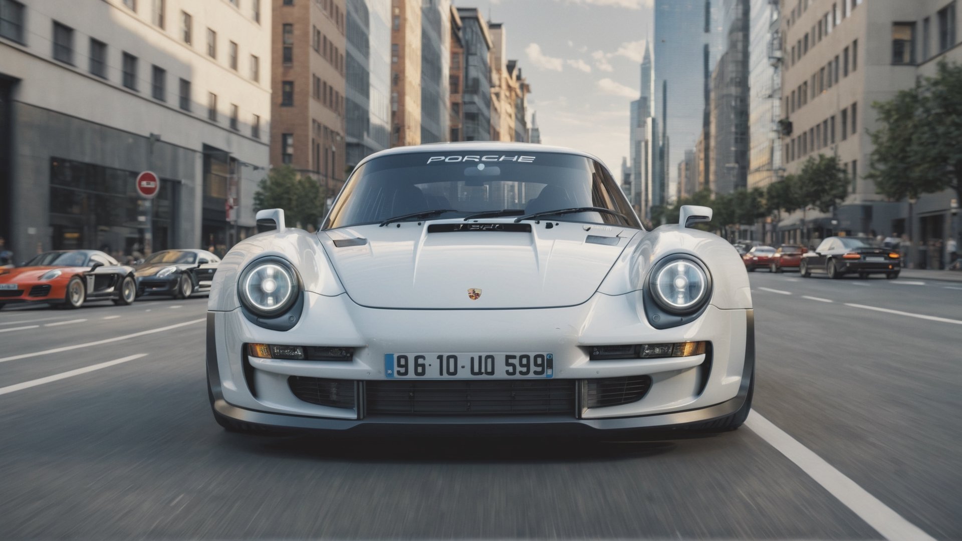 A futuristic hi-tech Rally Car inspired by Porsche 959, on the road in city area background, parked, front view, symmetrical,