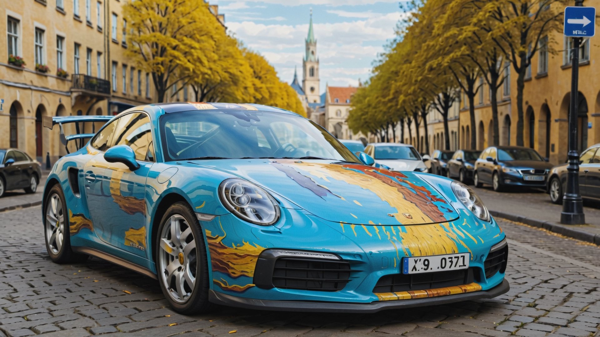 A Mersedes inspired by Porsche, parked in city area background, perspective view, symmetrical, (car painted in style of Vincent van Gogh):1,more detail XL