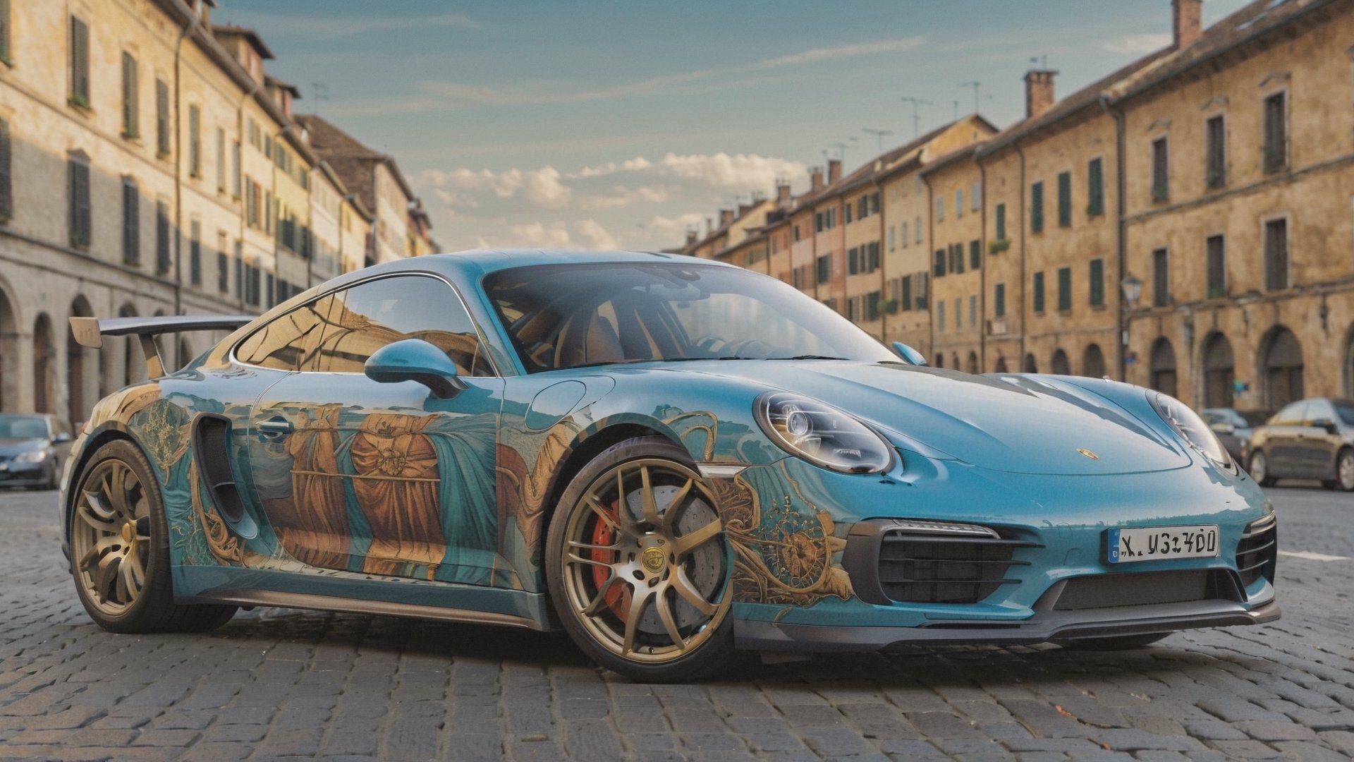 A Mersedes inspired by Porsche, parked in city area background, perspective view, symmetrical, (car painted in style of Leonardo da Vinci):1,more detail XL