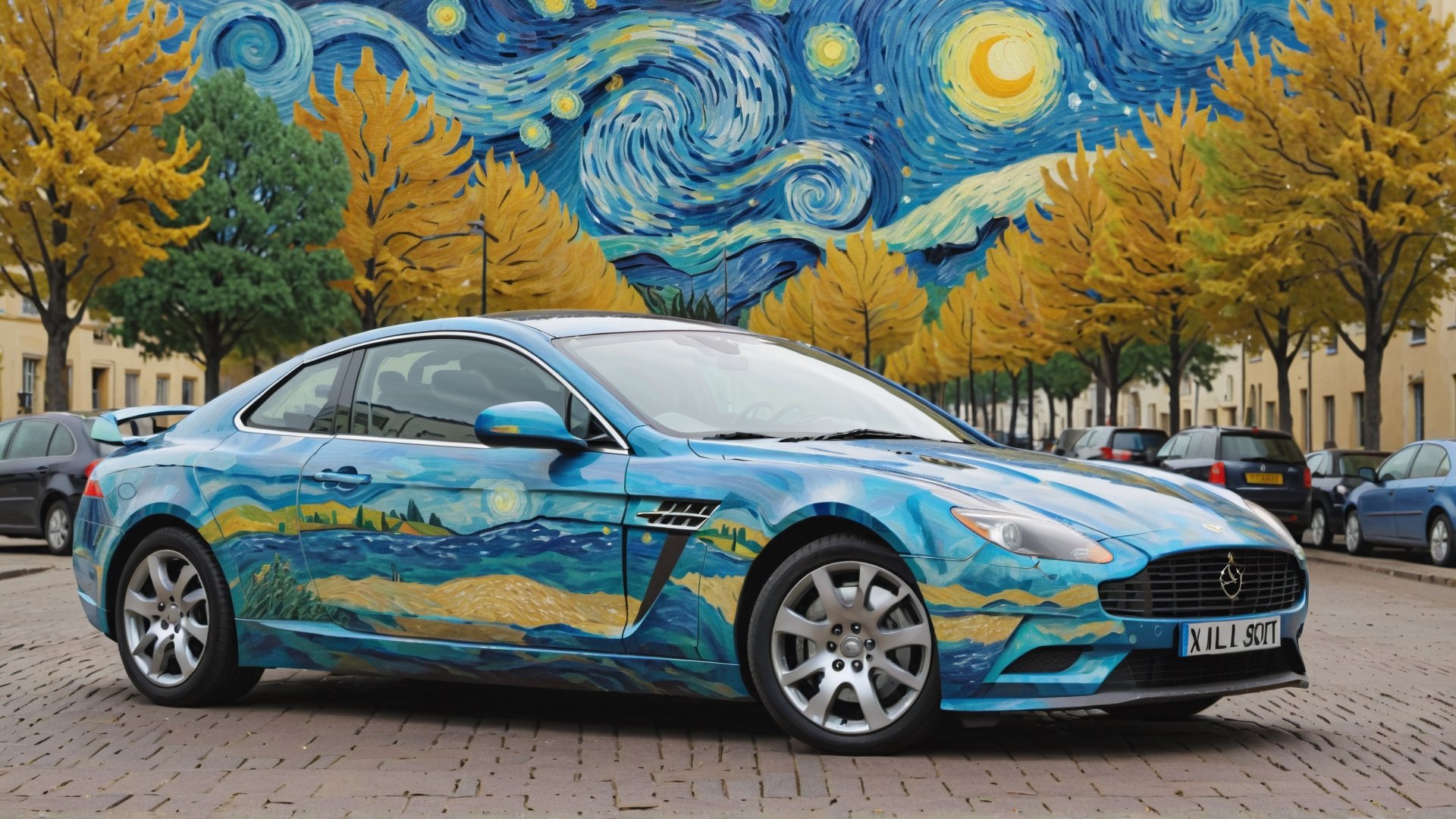 A Mersedes inspired by Matrix, parked in city area background, perspective view, symmetrical, (car painted in style of Vincent van Gogh):1,more detail XL