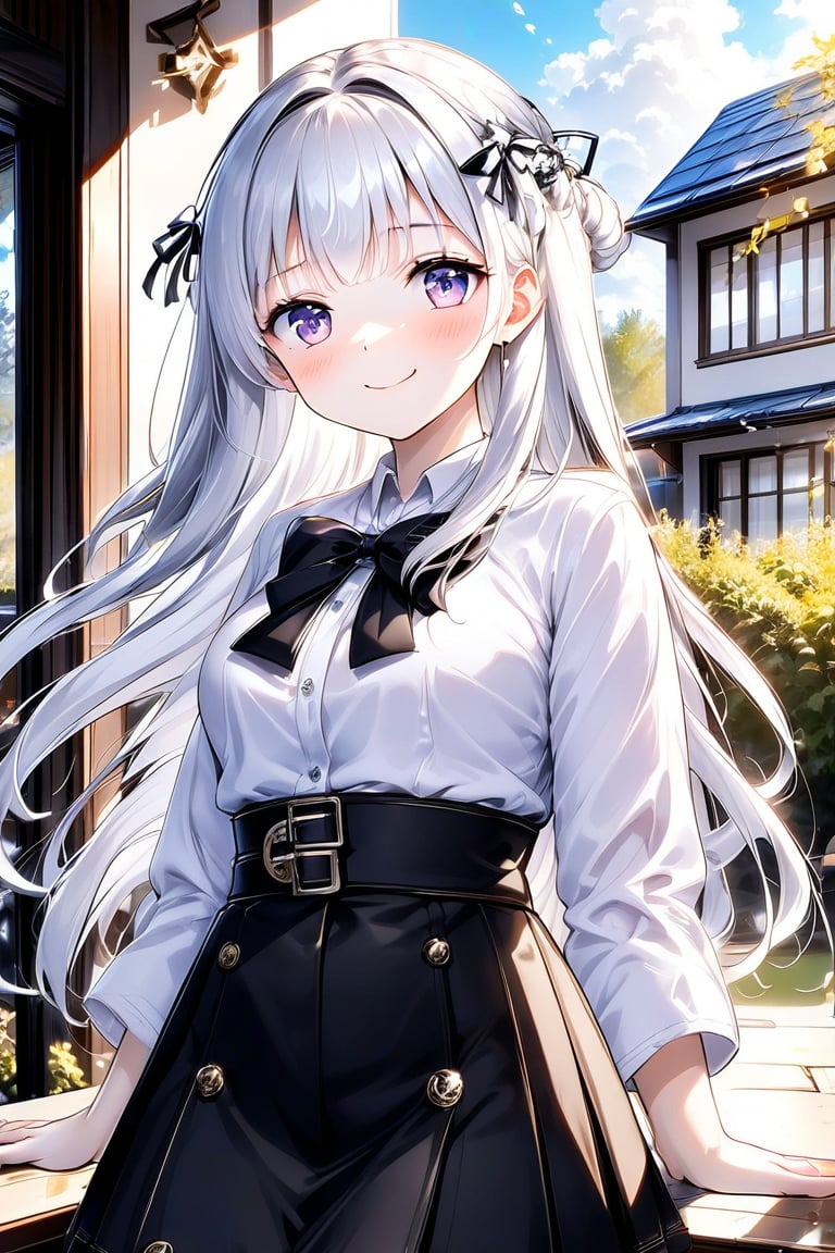 A very beautiful girl, cute outfit (white blouse, black skirt, silver hairpin, hime cut hairstyle, masterpiece quality, light particles, mansion in background, looking at viewer, upper body,Anime Style.