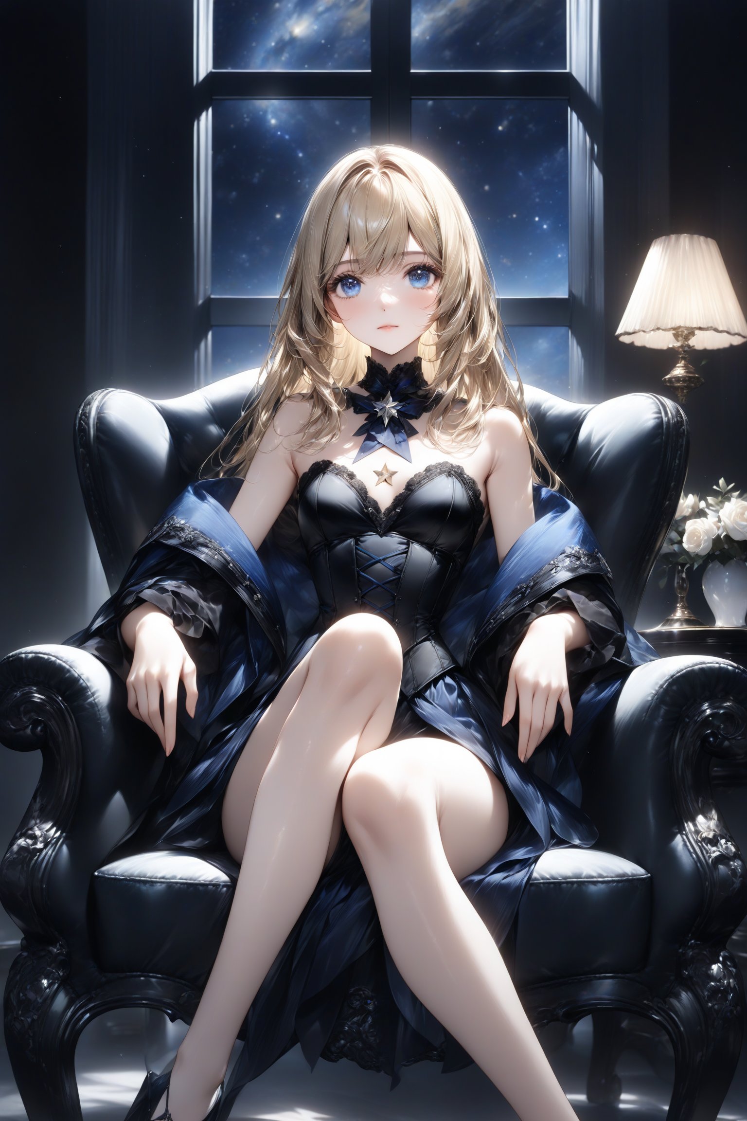 An animated image of a woman with long blonde hair and blue eyes. She is wearing a black strapless corset with a star on the chest. The woman is sitting on a black leather chair with her legs crossed. The chair is sitting in front of a window. There are two tables on either side of the woman with lamps on them, stunning image, digital art, professional style, ((masterpiece quality: 2)), starry night, close up, attractive image