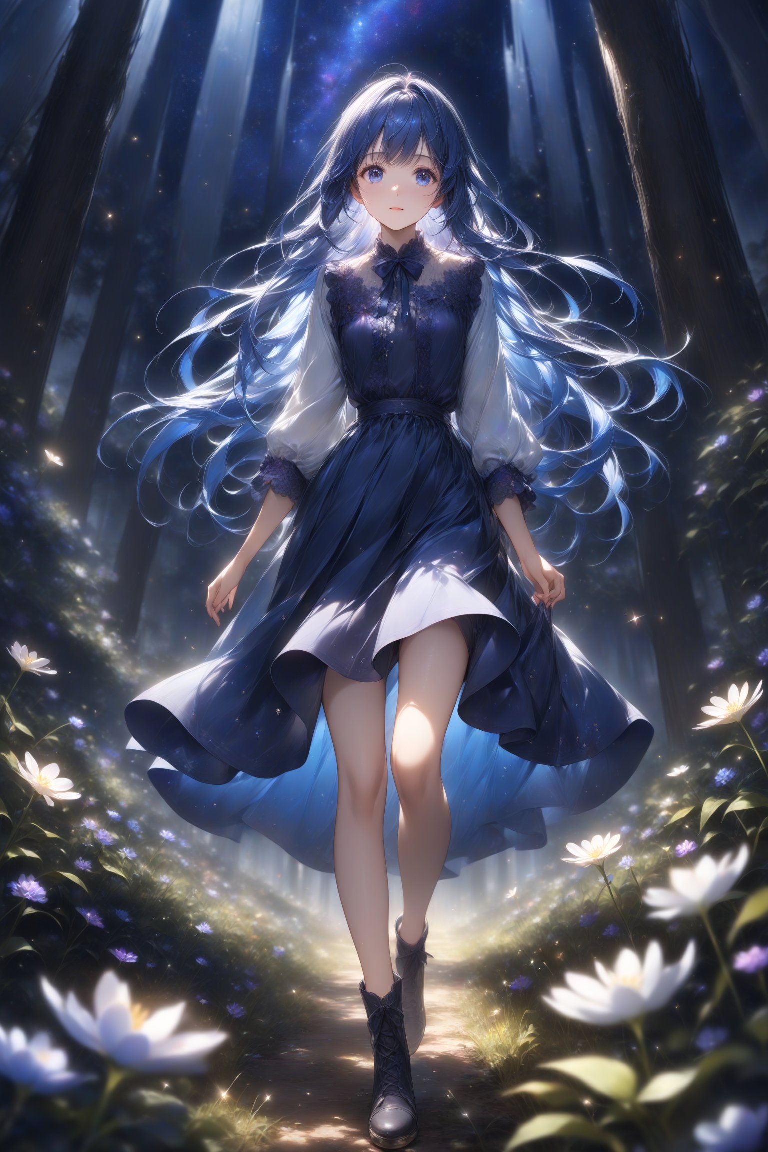 1girl, very beautiful girl, walking in a flower patch, the flowers are glowing, it is night, starry sky, full body, blue hair, blue eyes, no trees, the girl looks around quite astonished, hundreds of purple enegy particles come out of the ground, wallpaper quality, light particles, stunning image, the girl is astonished, 8k, professional style, long hair, blurry background.