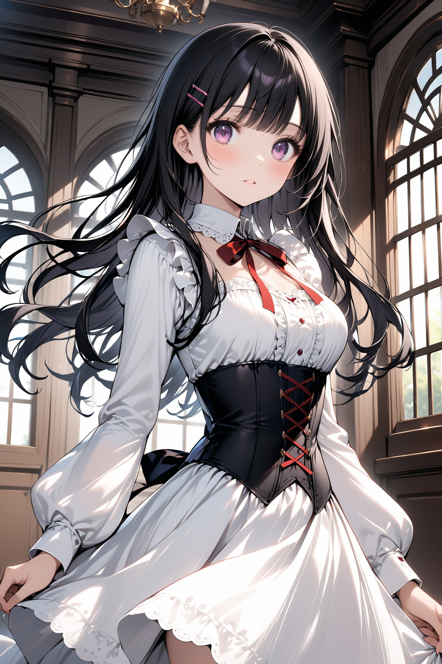 1girl, solo, long hair, breasts, looking at viewer, bangs, black hair, hair ornament, long sleeves, dress, ribbon, medium breasts, closed mouth, purple eyes, frills, parted lips, hairclip, indoors, pink eyes, white dress, red ribbon, neck ribbon, floating hair, corset