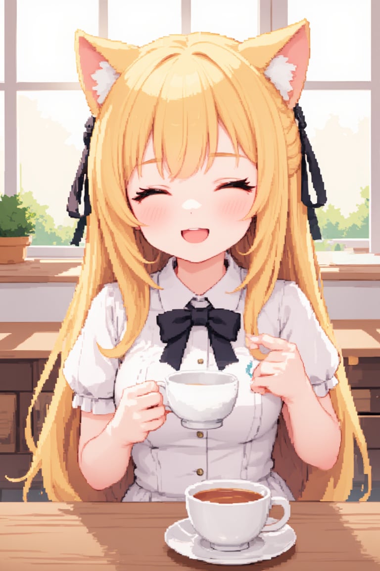 1girl, solo, long hair, blush, smile, open mouth, bangs, blonde hair, shirt, dress, bow, ribbon, holding, animal ears, sitting, closed eyes, hair ribbon, white shirt, upper body, ahoge, short sleeves, :d, fang, puffy sleeves, collared shirt, indoors, cat ears, bowtie, two side up, cup, puffy short sleeves, animal ear fluff, window, black ribbon, black bow, ^ ^, chair, table, holding cup, facing viewer, extra ears, teacup, saucer, Pixel art.