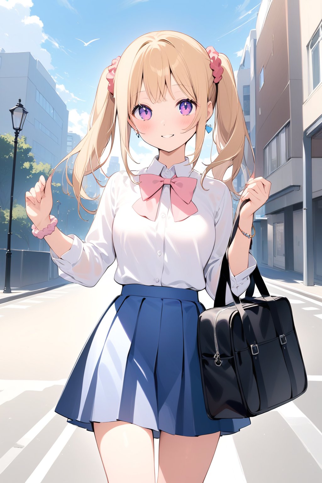 1girl, solo, breasts, looking at viewer, blush, smile, bangs, skirt, blonde hair, shirt, hair ornament, long sleeves, bow, holding, twintails, jewelry, school uniform, standing, purple eyes, white shirt, cowboy shot, pleated skirt, earrings, outdoors, parted lips, day, collared shirt, bowtie, bag, bracelet, blue skirt, see-through, dress shirt, scrunchie, pink bow, ground vehicle, building, motor vehicle, hair scrunchie, school bag, shirt tucked in, car, road, holding bag, lamppost, street