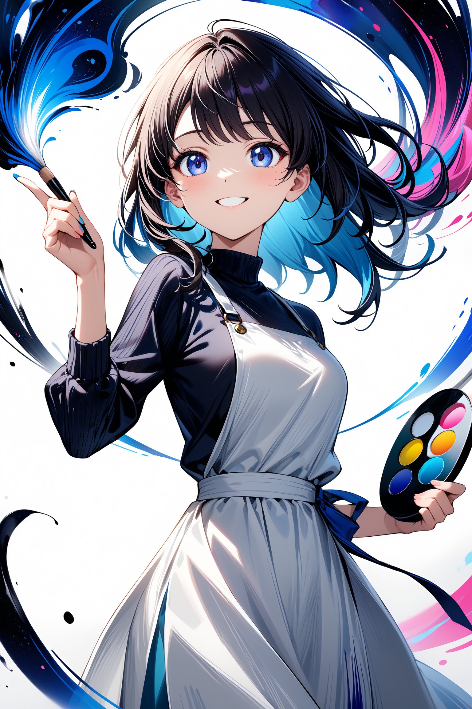 A very beautiful anime girl is wearing a very casual outfit, white background, holding a big paintbrush, holding palette, the girl is drawing a line of ink in the air as if it were a canvas, front view, looking away, smiling, shining gaze, masterpiece quality, stunning image, colorful,ink paint,Ink art