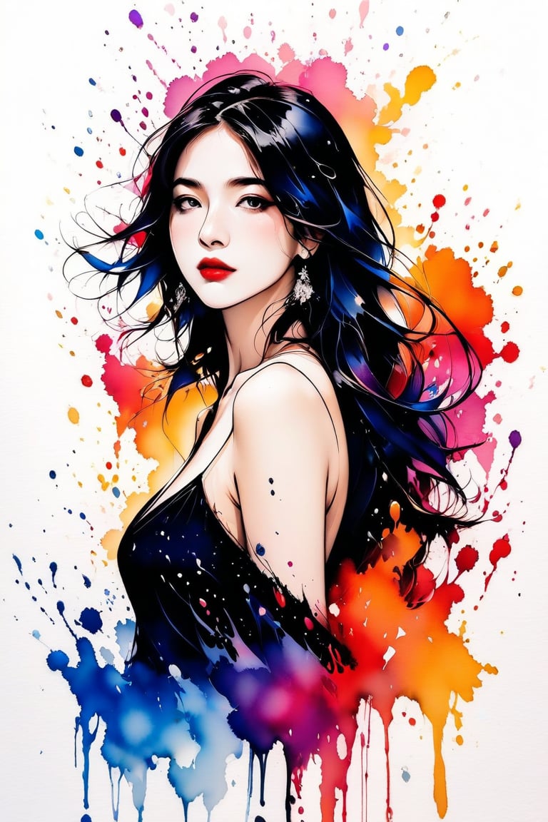 Very beautiful girl, elegant woman, ink droplets, ((colorful: 1.2)), white background, ((masterpiece: 2)), medium shot, bare shoulders, looking at viewer, ((stunning image: 1.5)), Ink art style