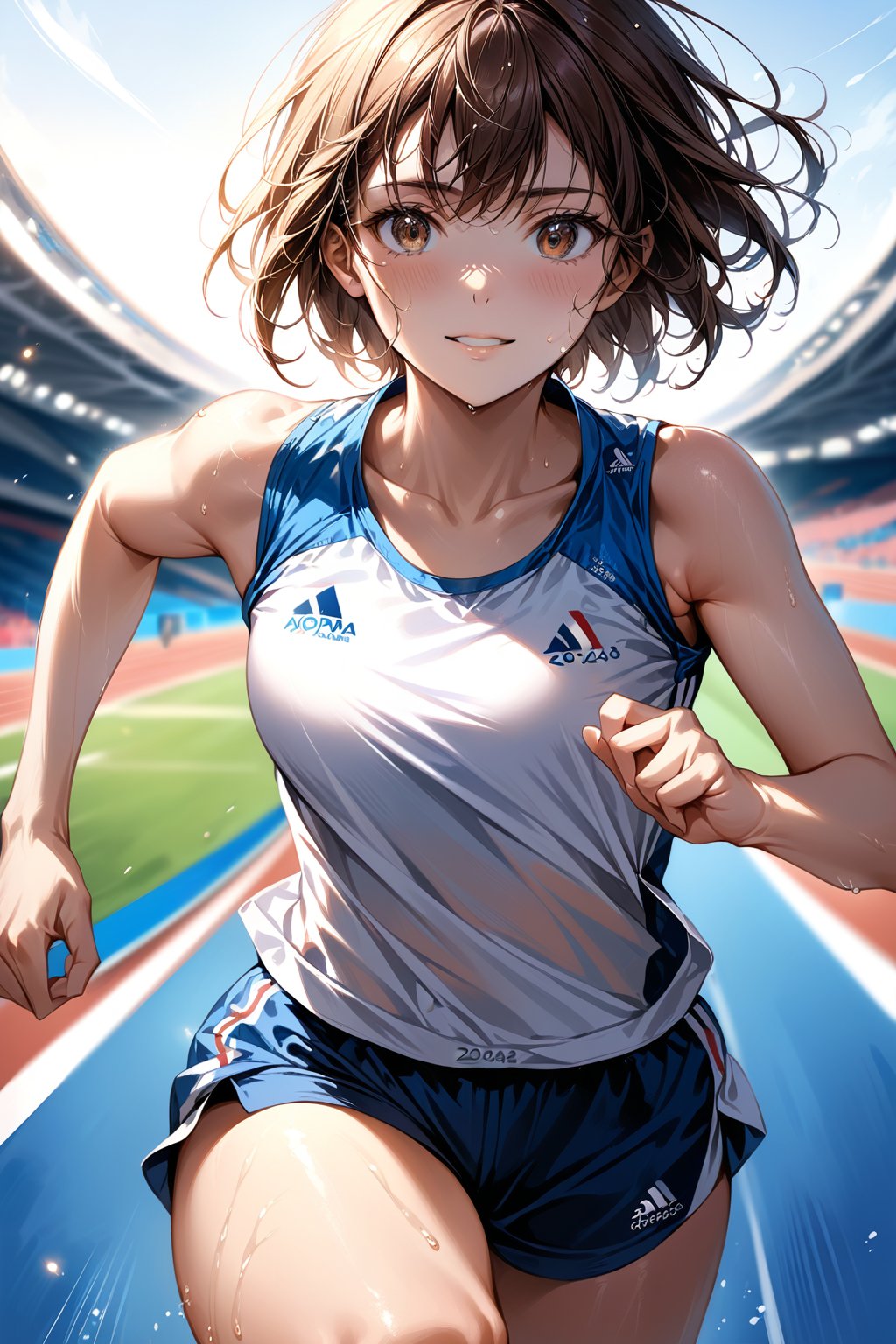 A girl (brown eyes, brown hair, short hair, athletic clothes), little smile, looking at viewer, running, sweat, she is running on an athletic track, France 2024 Olympics///digital art, professional style, detailed image, detailed skin, blush, realistic eyes, ((masterpiece quality: 2)), light particles, attractive image.