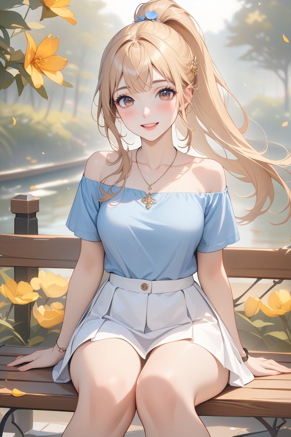 1girl, solo, long hair, breasts, looking at viewer, blush, smile, open mouth, bangs, skirt, blonde hair, shirt, hair ornament, ribbon, bare shoulders, brown eyes, jewelry, medium breasts, sitting, collarbone, hair ribbon, ponytail, flower, short sleeves, :d, thighs, pleated skirt, outdoors, day, hair flower, miniskirt, necklace, off shoulder, blurry, bracelet, tree, petals, black shirt, depth of field, blurry background, feet out of frame, leaf, white skirt, high ponytail, blue shirt, watch, yellow flower, off-shoulder shirt, bench//digital art, professional style, detailed image, detailed skin, blush, realistic eyes, extremely beautiful woman, ((masterpiece quality: 2)), light particles, attractive image, reflections, Cute Anime.