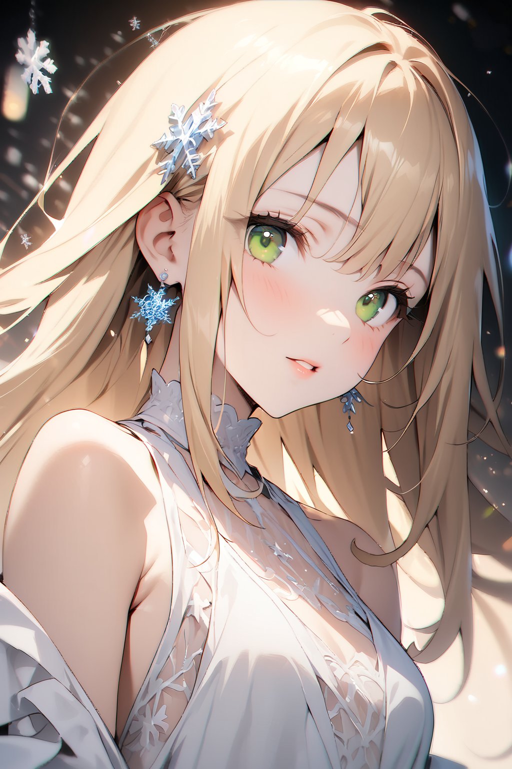 1girl, solo, ((standing: 2.5)), long hair, looking at viewer, blush, bangs, hair ornament, jewelry, green eyes, himecut, blonde straight hair, earrings, parted lips, blurry, lips, ((white dress: 2)), eyelashes, portrait, light particles, ((masterpiece: 2)), excellent quality, light particles, snowflakes, ((stunning_image: 1.5)), ((snowflakes in air: 1)), medium long shot.