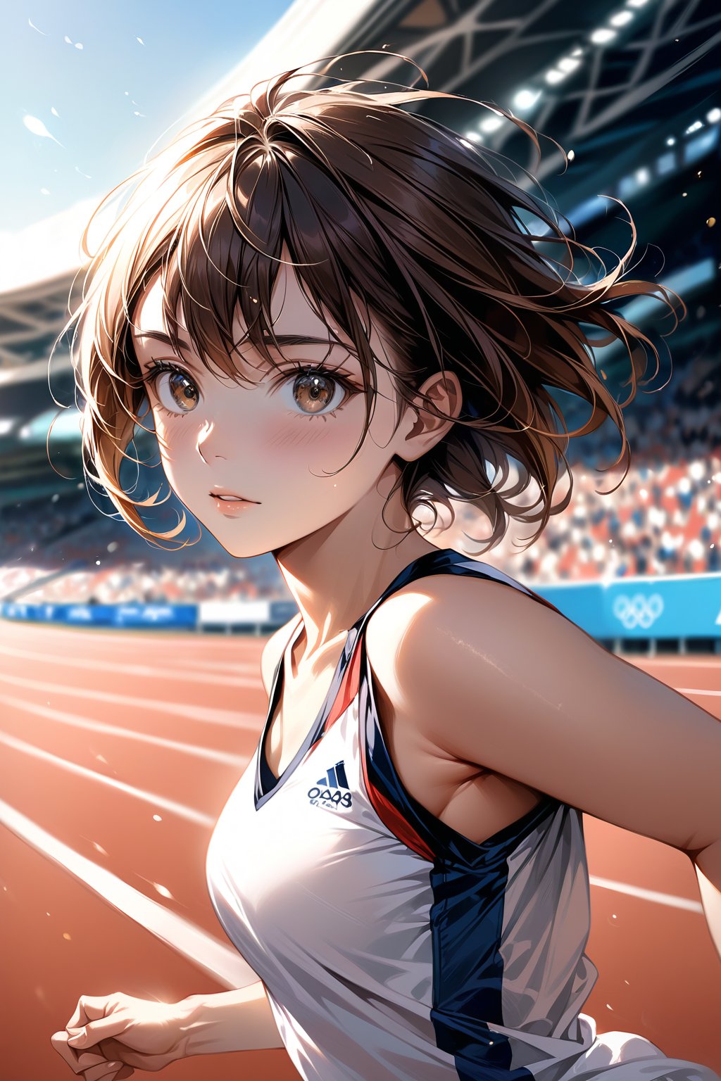 A girl (brown eyes, brown hair, short hair, athletic clothes), looking at viewer, running, she is running on an athletic track, France 2024 Olympics///digital art, professional style, detailed image, detailed skin, blush, realistic eyes, ((masterpiece quality: 2)), light particles, attractive image.