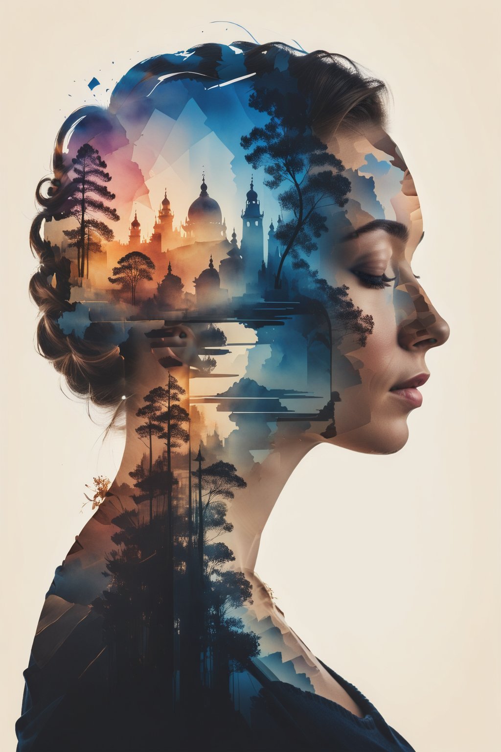 silhouette of a woman in profile (looking to the right side). Inside the silhouette you can see the double exposure with a imagen representing a couple, closed eyes, masterpiece, ((double exposure)), proportional.,DOUBLE EXPOSURE,Ink art