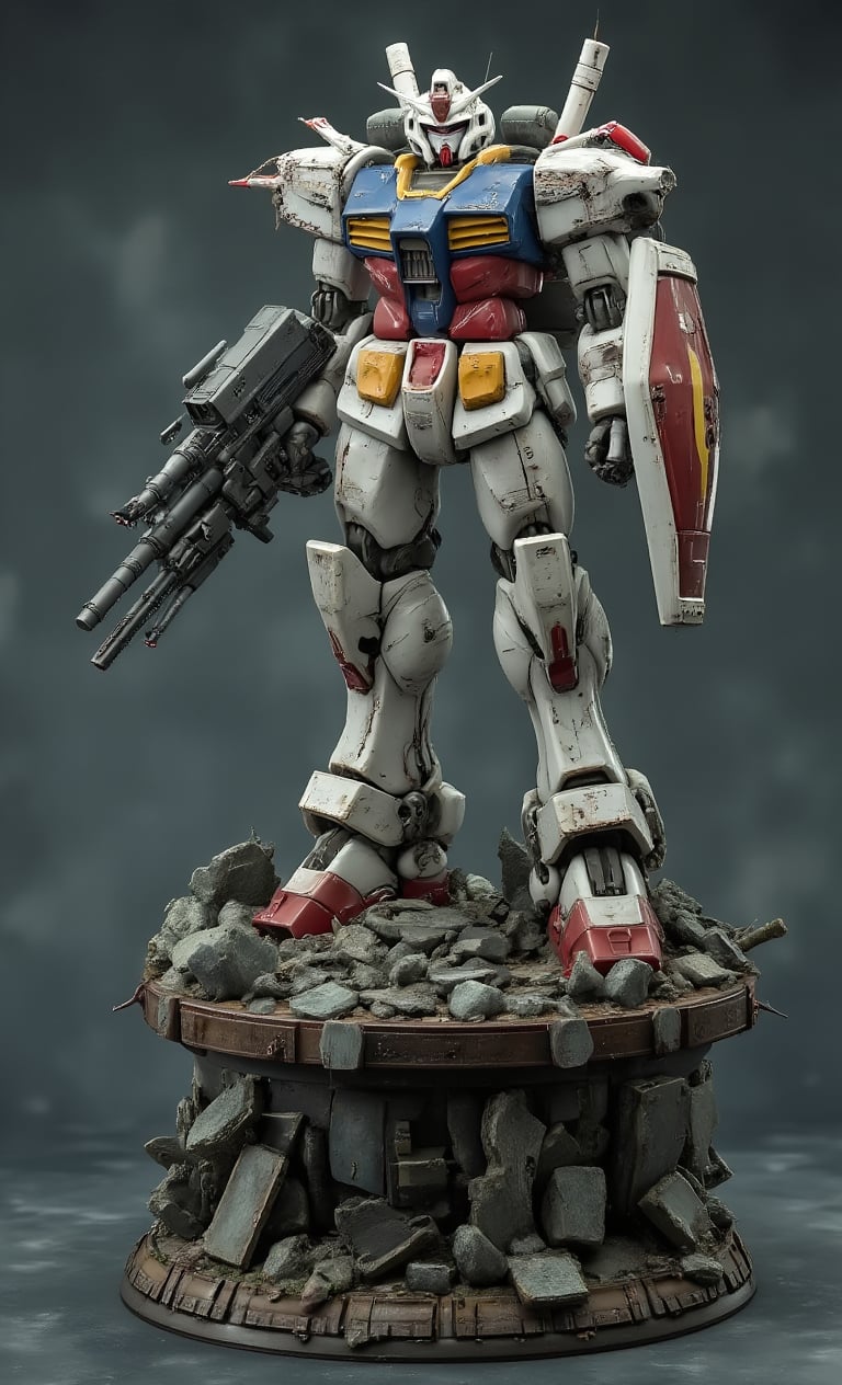 A masterpiece, a plastic model, a robot figurine stands majestically on a pedestal strewn with large and small debris, equipped with a large Gatling gun and a shield. The robot is painted in a white and red color scheme to show damage. The magnificent textures of the stunning 3D rendering are enhanced by some metallic textures. The blurred background and soft lighting make the subject stand out even more.,resin,real robot