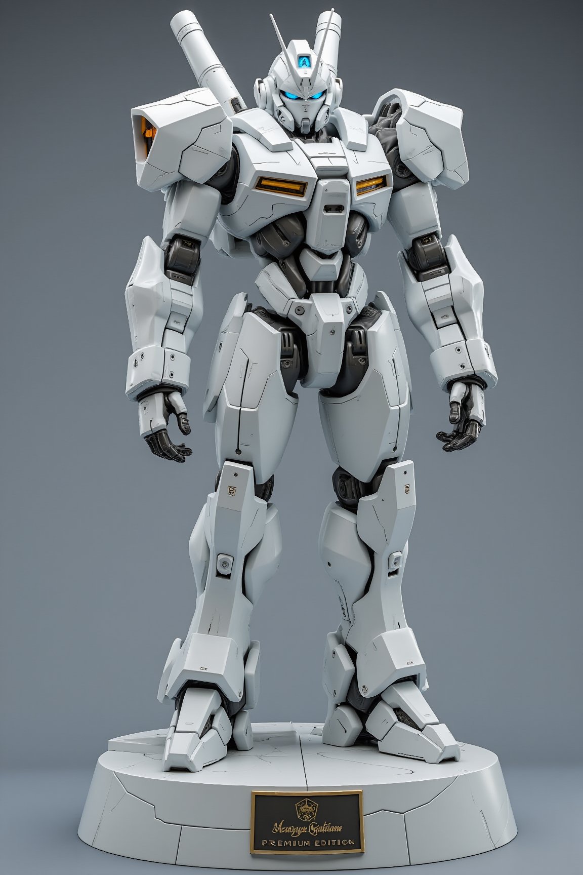 Porcelain figure about a very badass mecha, white mecha, white armor, blue eyes, ((porcelain texture:1)), elegant, full body, canon, epic textures, looking at viewer, \(perfect anatomy)\, epic pose, highly detailed, is on a pedestal, masterpiece, 8k, stunning image, on the pedestal is a plaque that reads "Premium Edition." .